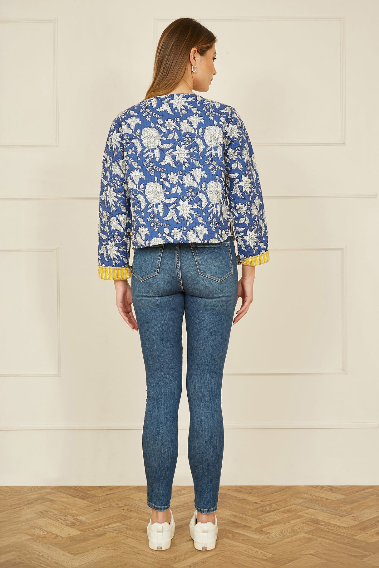Yumi Blue Floral Reversible Cotton Quilted Jacket