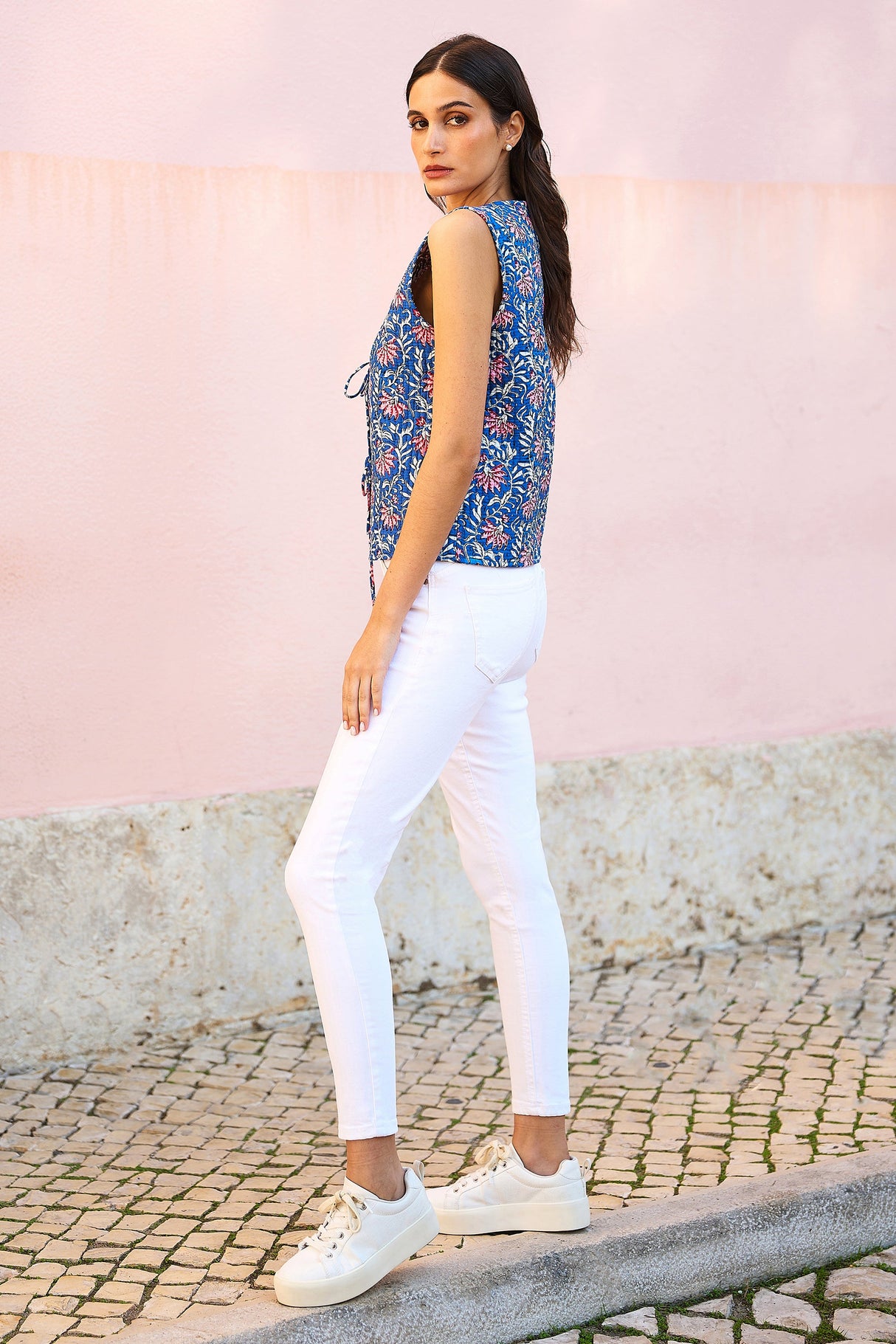 Yumi Blue Flower Reversible Cotton Quilted Waistcoat