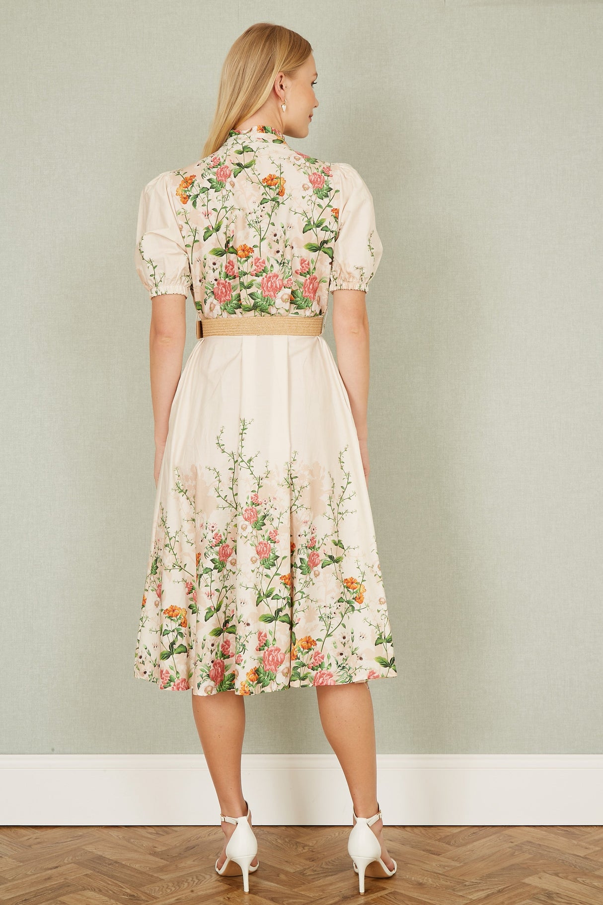 Yumi Ivory Cotton Printed Midi Floral Placement Shirt Dress