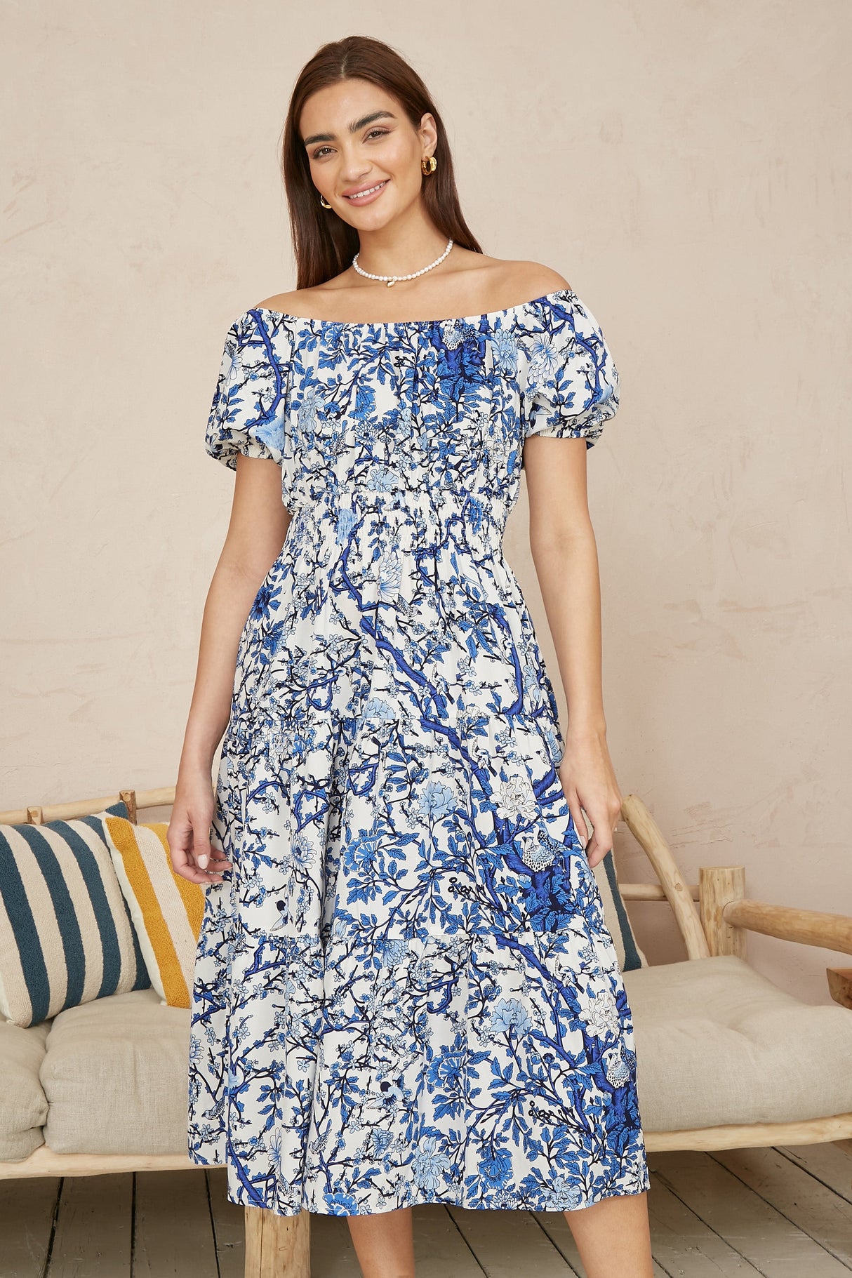 Yumi Blue Ruched Waist Bardot Blossom Tree Print Midi Dress