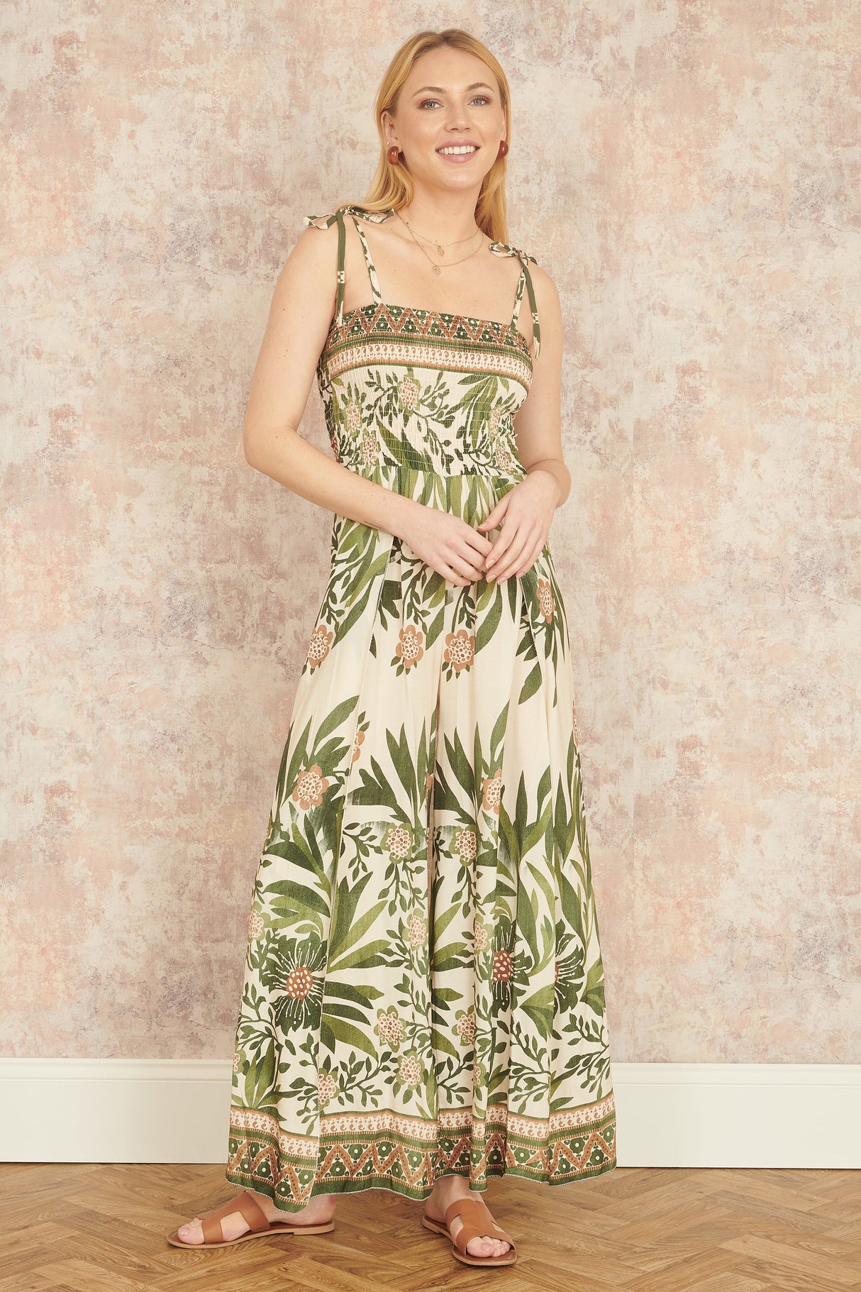 Yumi Green Palm Print Strappy Viscose Jumpsuit