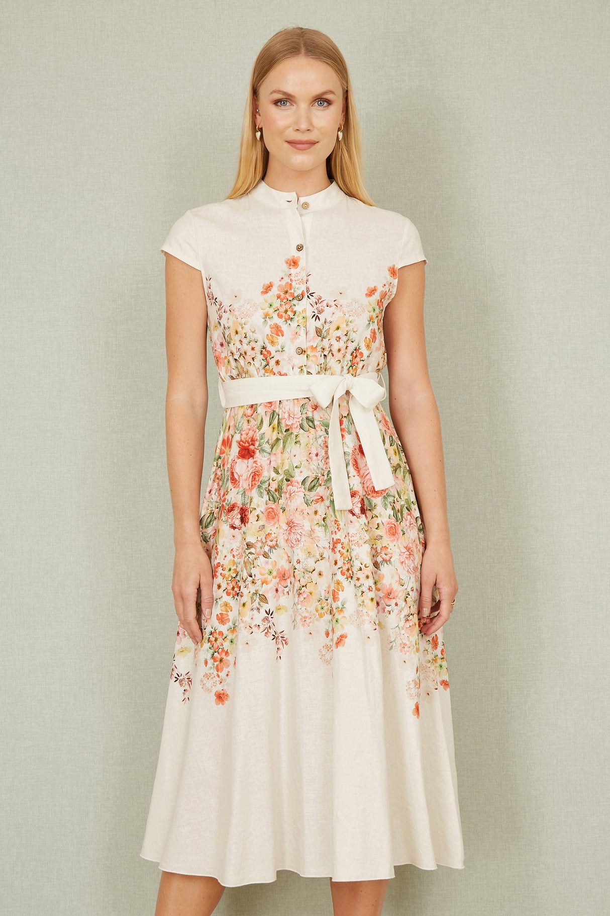 Yumi White Linen Floral Mirrored Placement Skater Dress