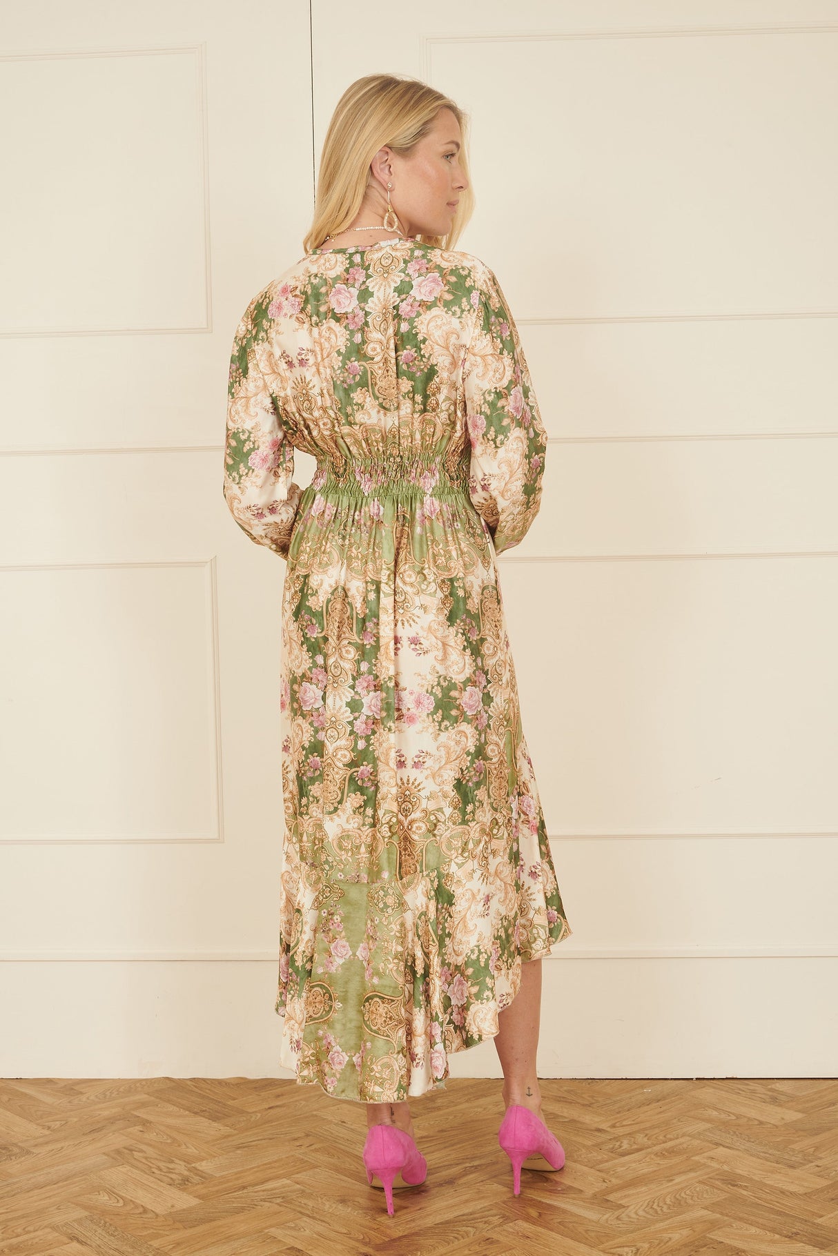 Yumi Green Viscose Scarf Print Tie Front Midi Dress With Dip Hem