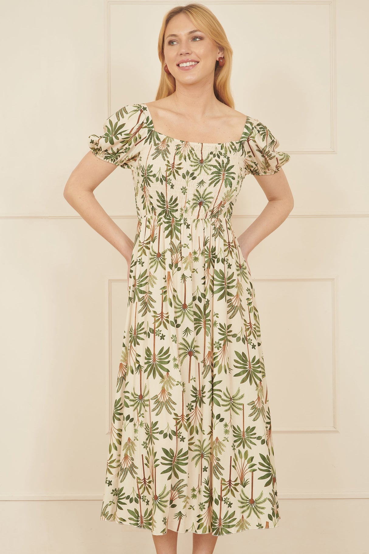 Yumi White Cotton Palm Print Ruched Midi Dress