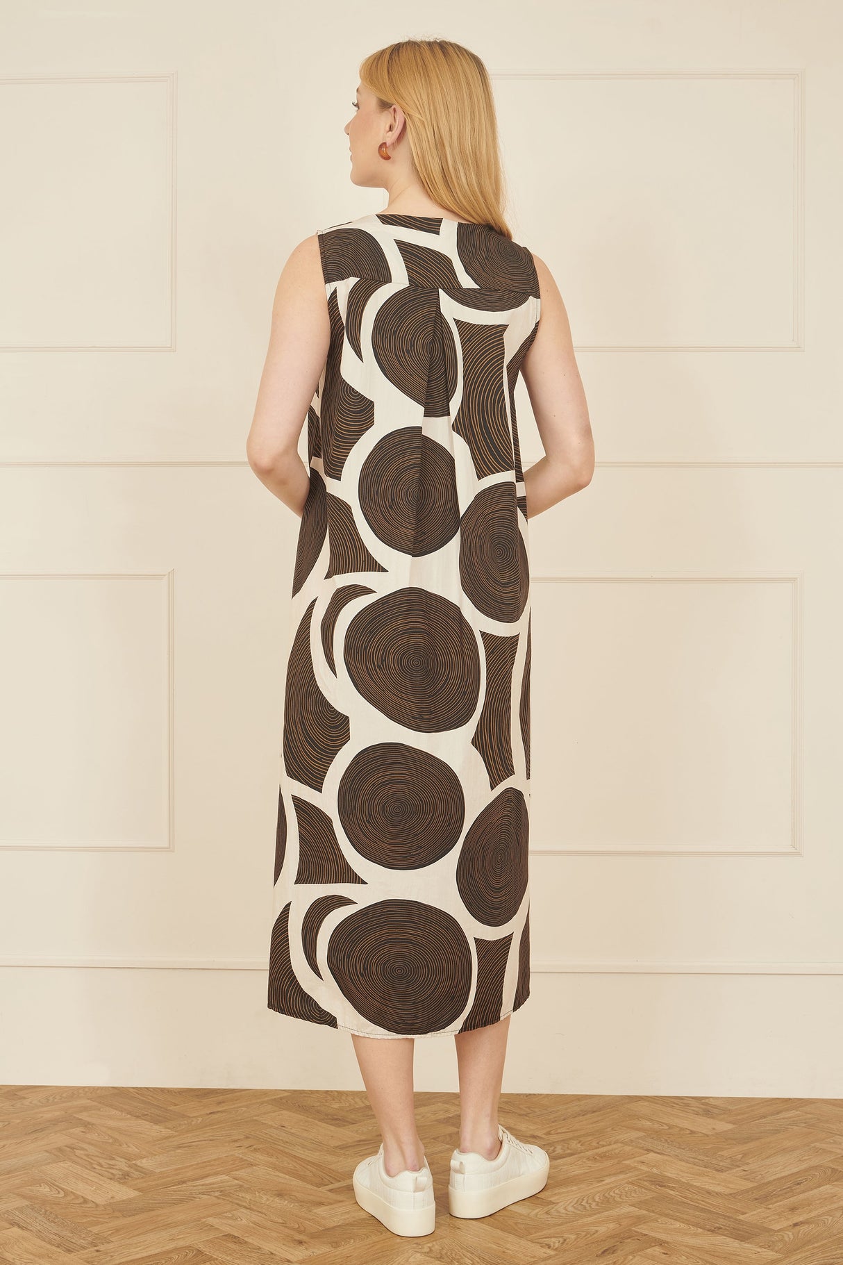 Yumi Brown Cotton Abstract Circle Trapeze Relaxed Midi Dress