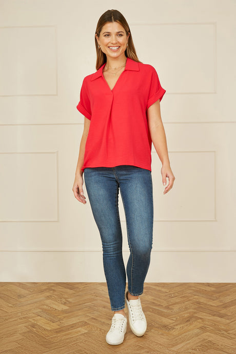 Yumi Red Stretch Relaxed Top With Collar