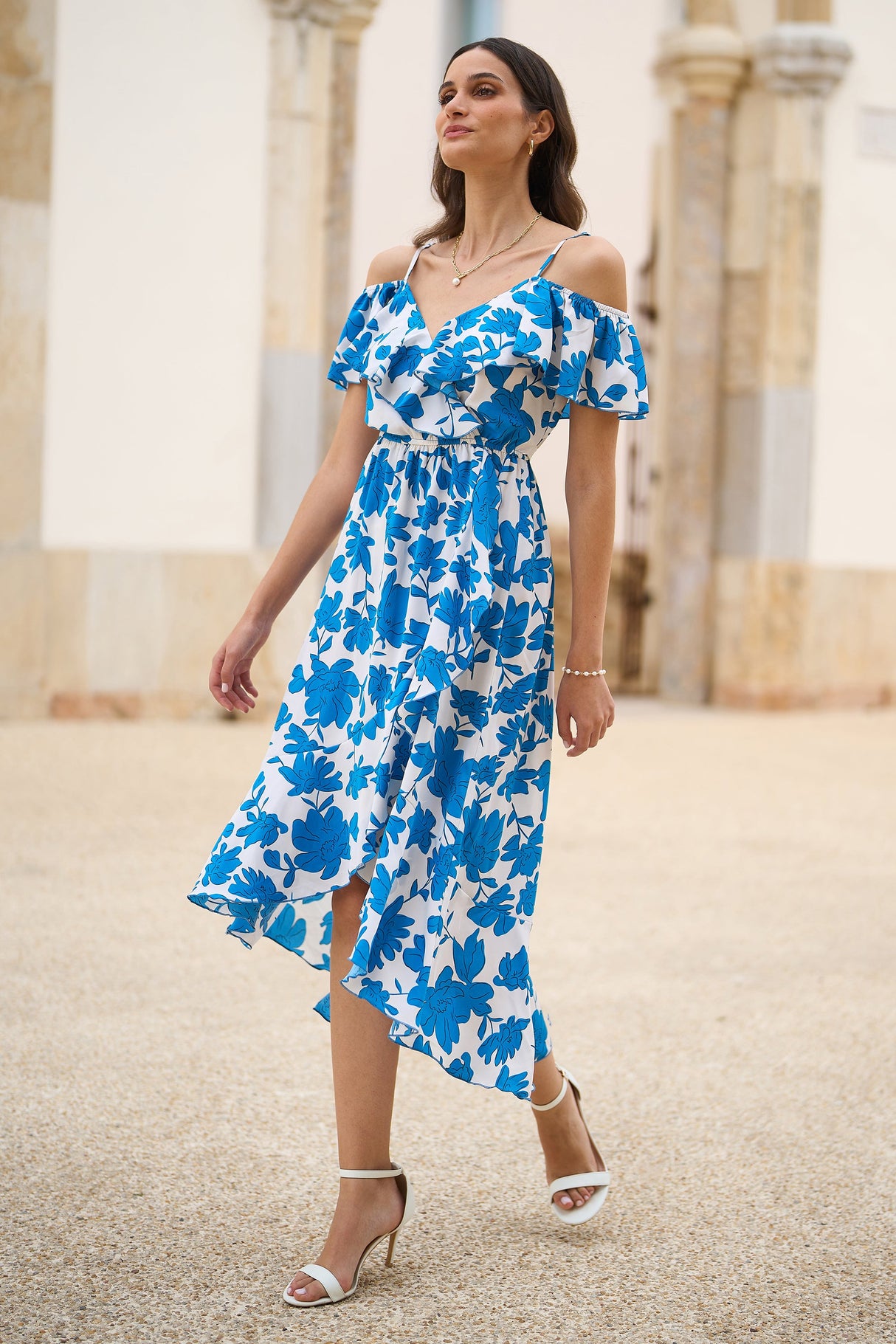 Yumi Blue Floral Print Bardot Midi Dress With Dip Hem