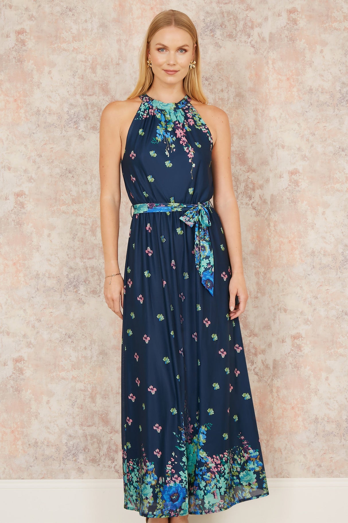 Yumi Navy Mirror Floral Print Maxi Halter neck Dress