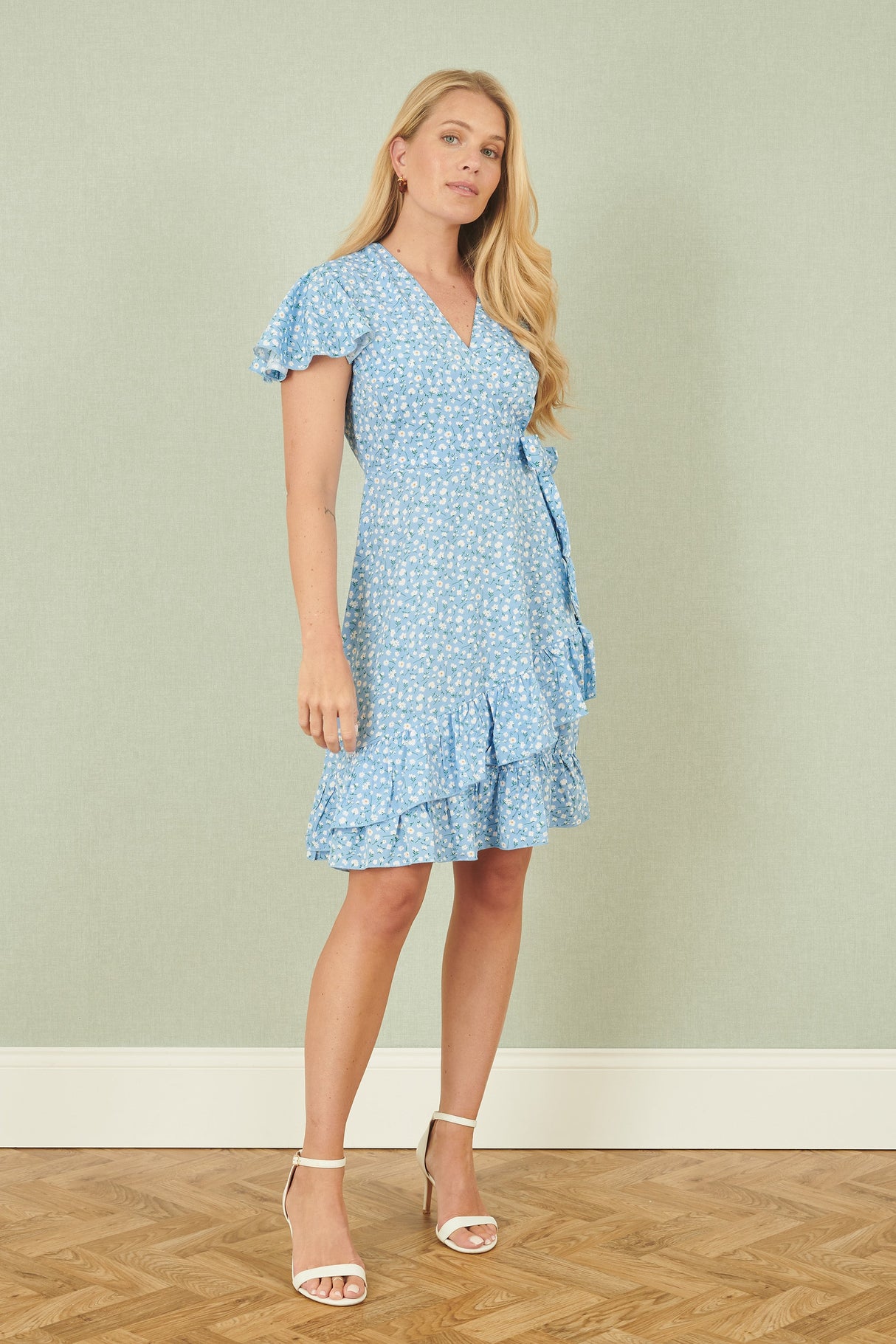 Yumi Blue Ditsy Floral Wrap Frill Dress