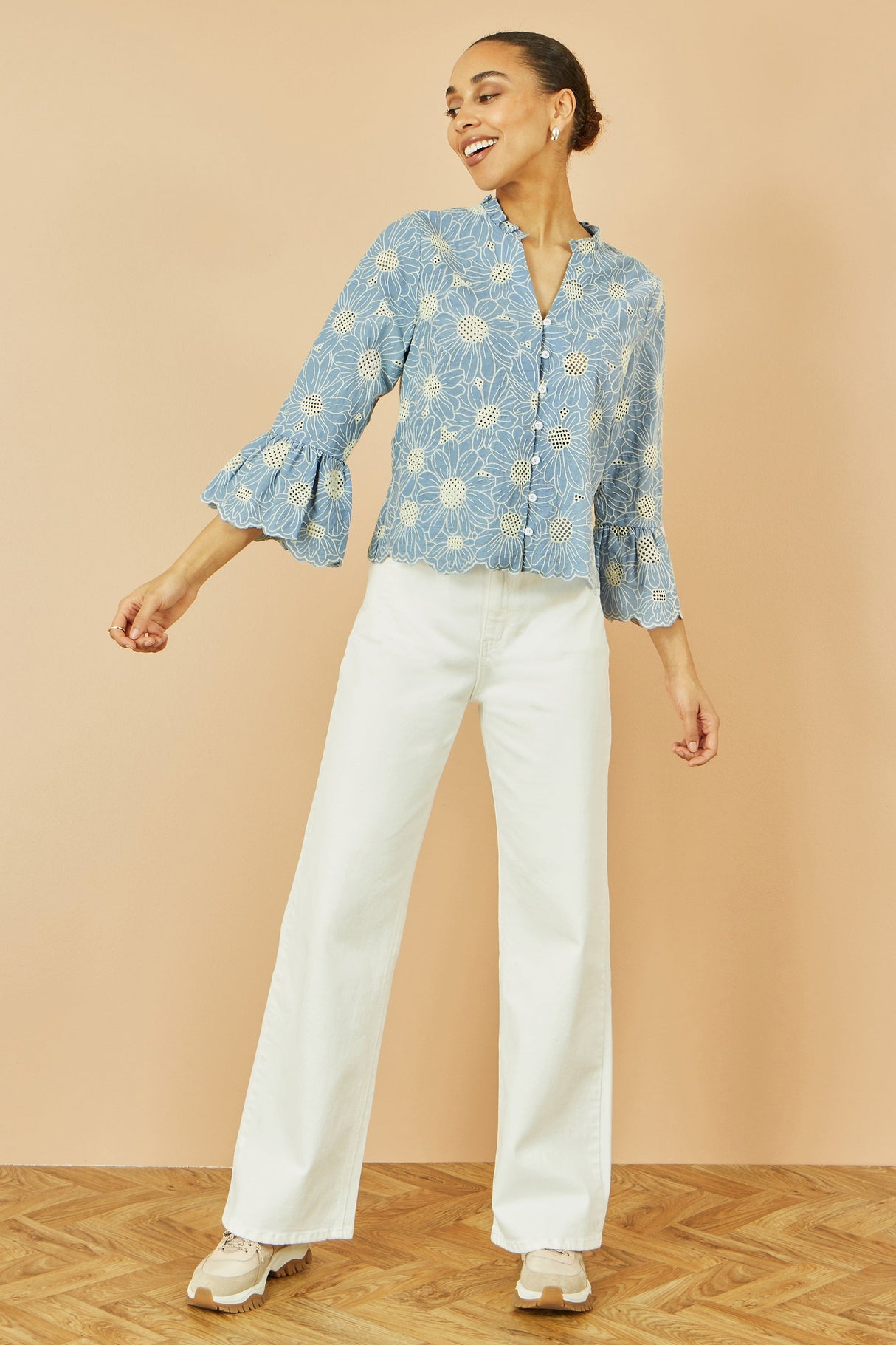 Yumi Blue Daisy Broderie Shirt With Fluted Sleeves