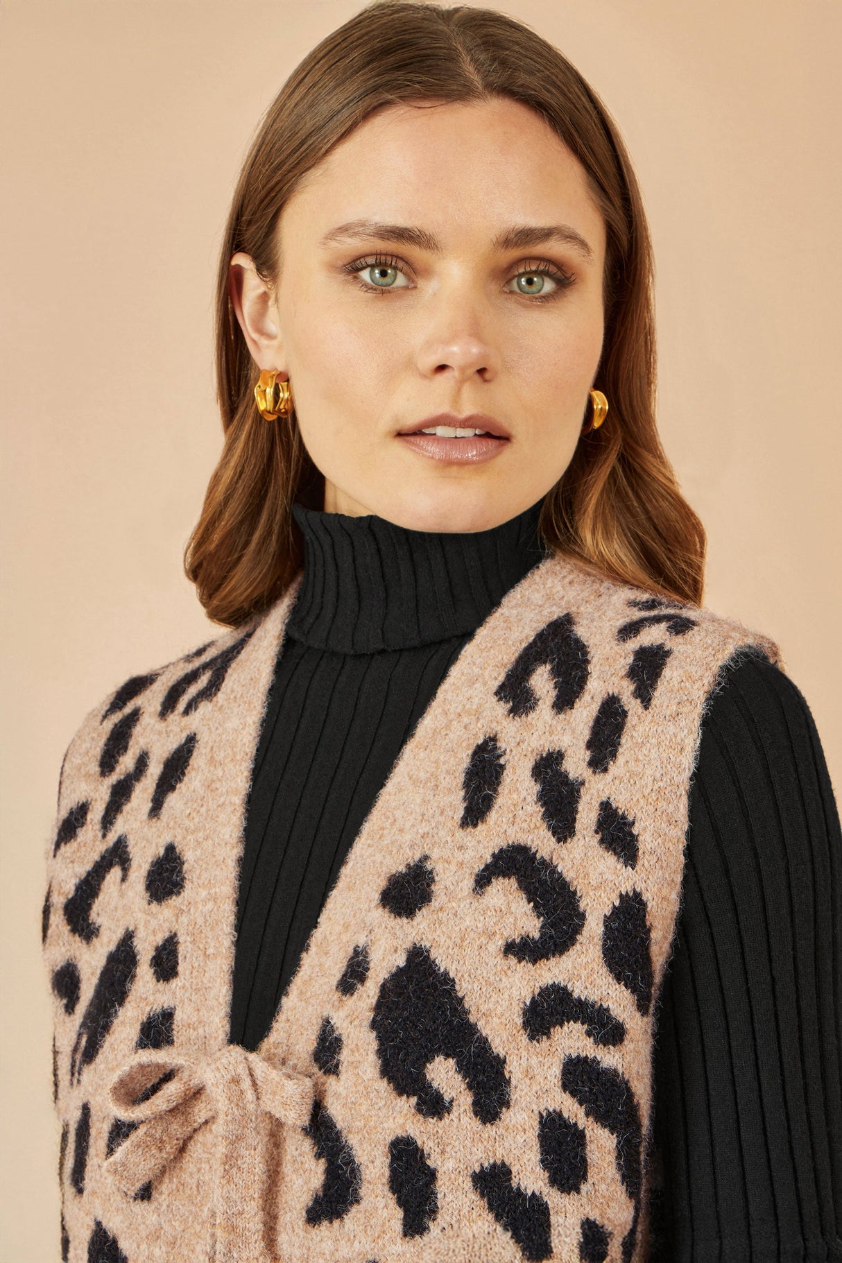 Yumi Beige Animal Print Intarsia Tie Front Waistcoat