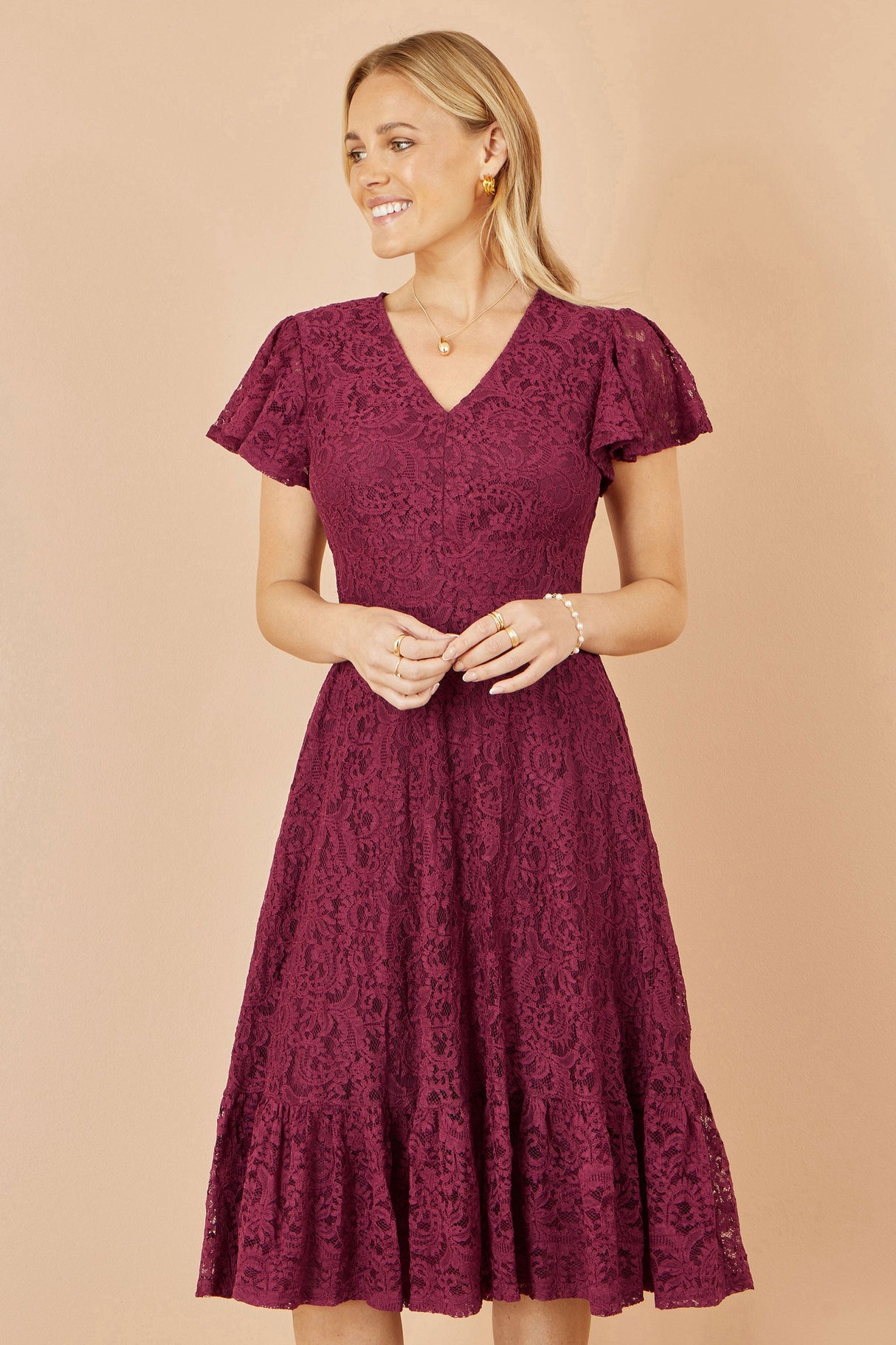 Yumi Burgundy Lace Midi Skater Dress