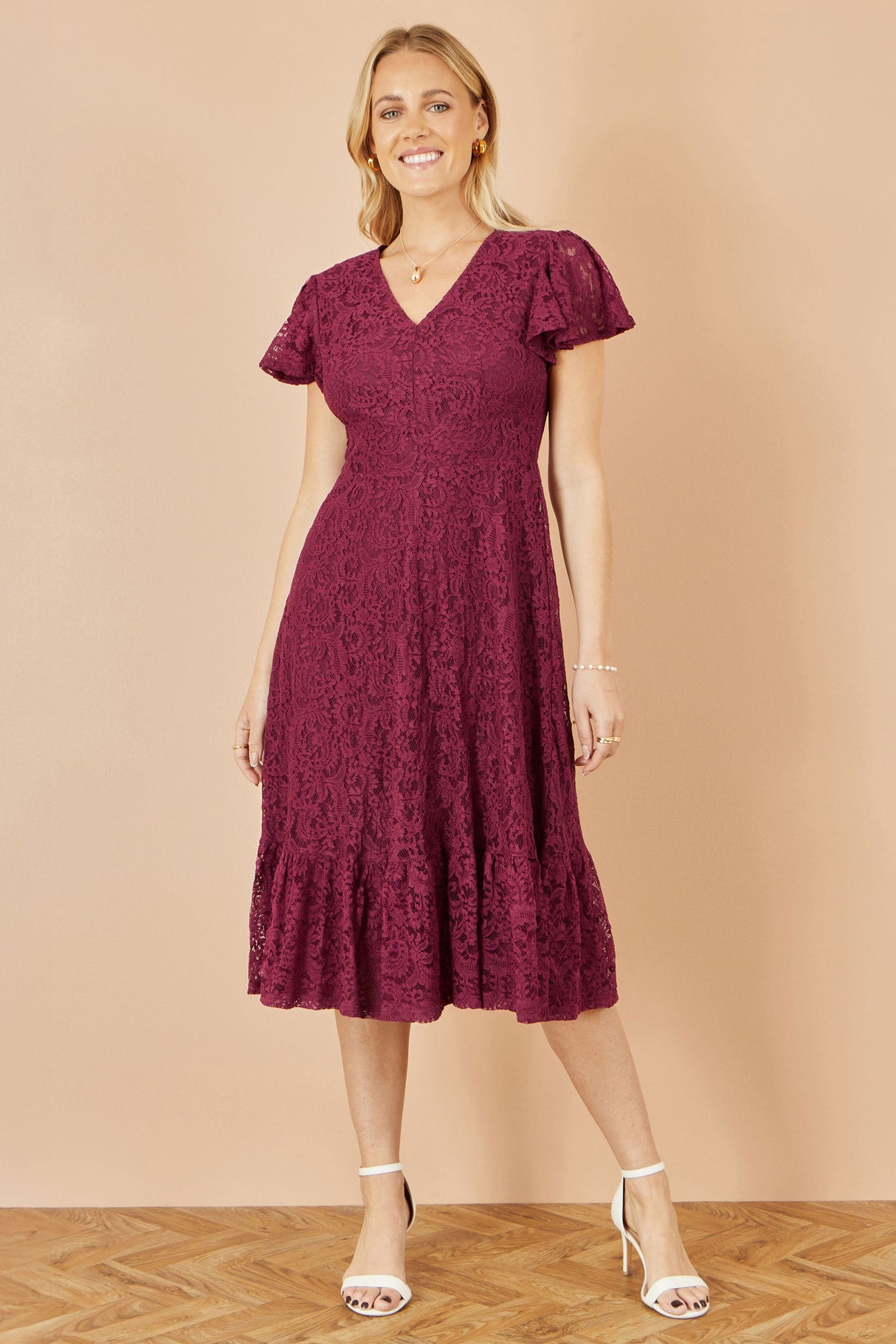 Yumi Burgundy Lace Midi Skater Dress