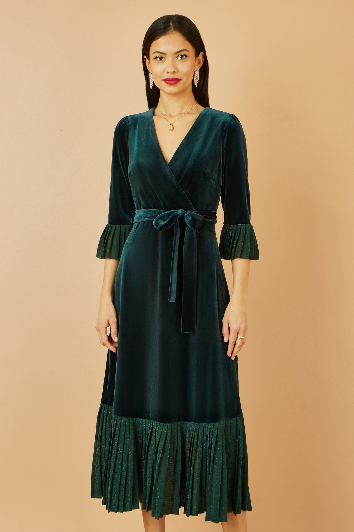 Yumi Green Velvet Wrap Midi Dress With Contrast Hemline