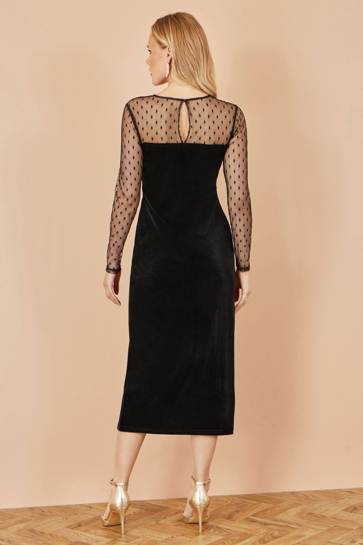 Yumi Black Velvet Midi Dress With Slash Neckline and Sheer Sleeves