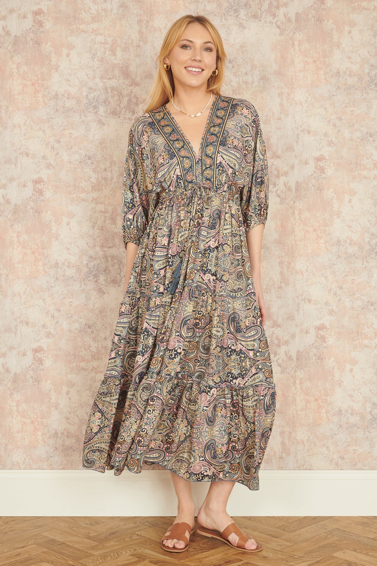 Yumi Multicolour Paisley Print Midi Kimono Dress With Tie Back