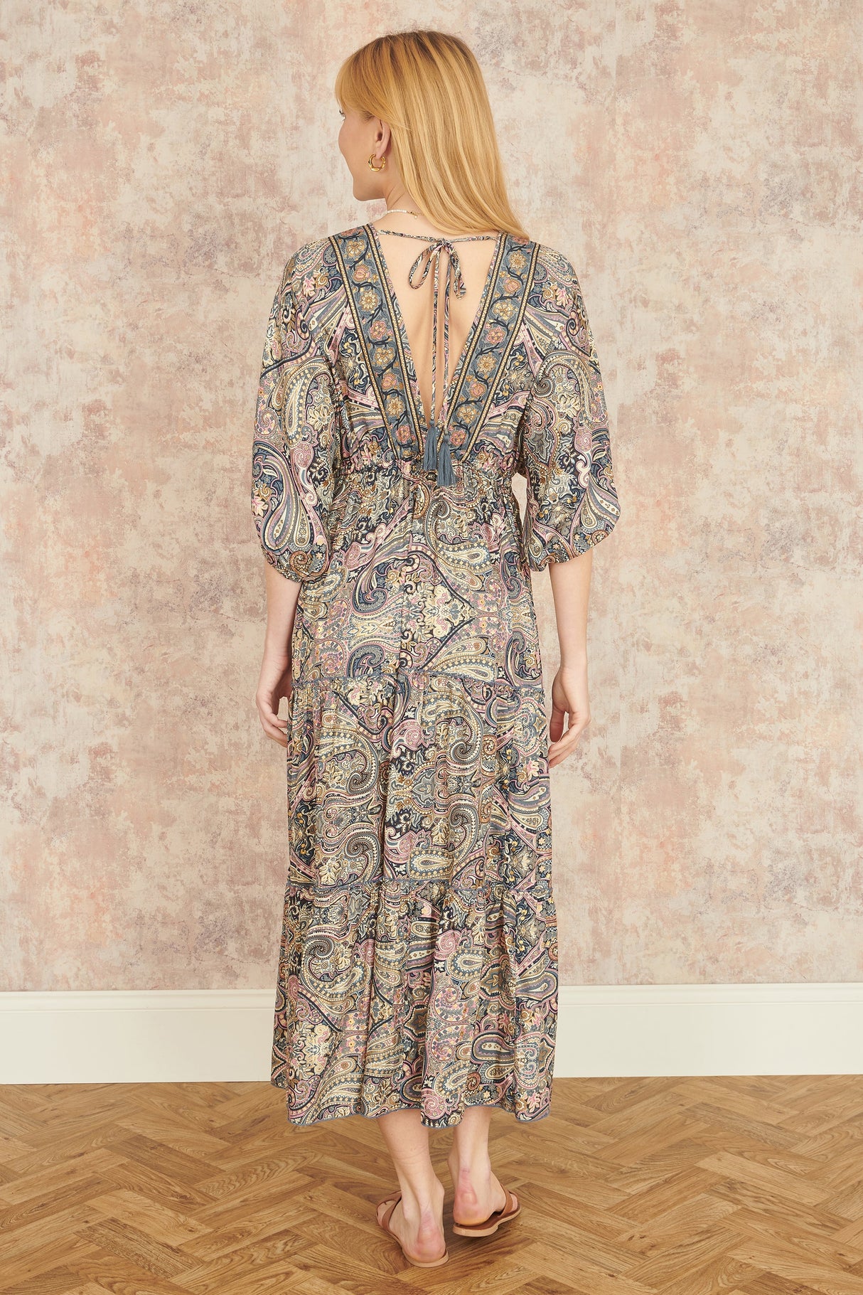 Yumi Multicolour Paisley Print Midi Kimono Dress With Tie Back