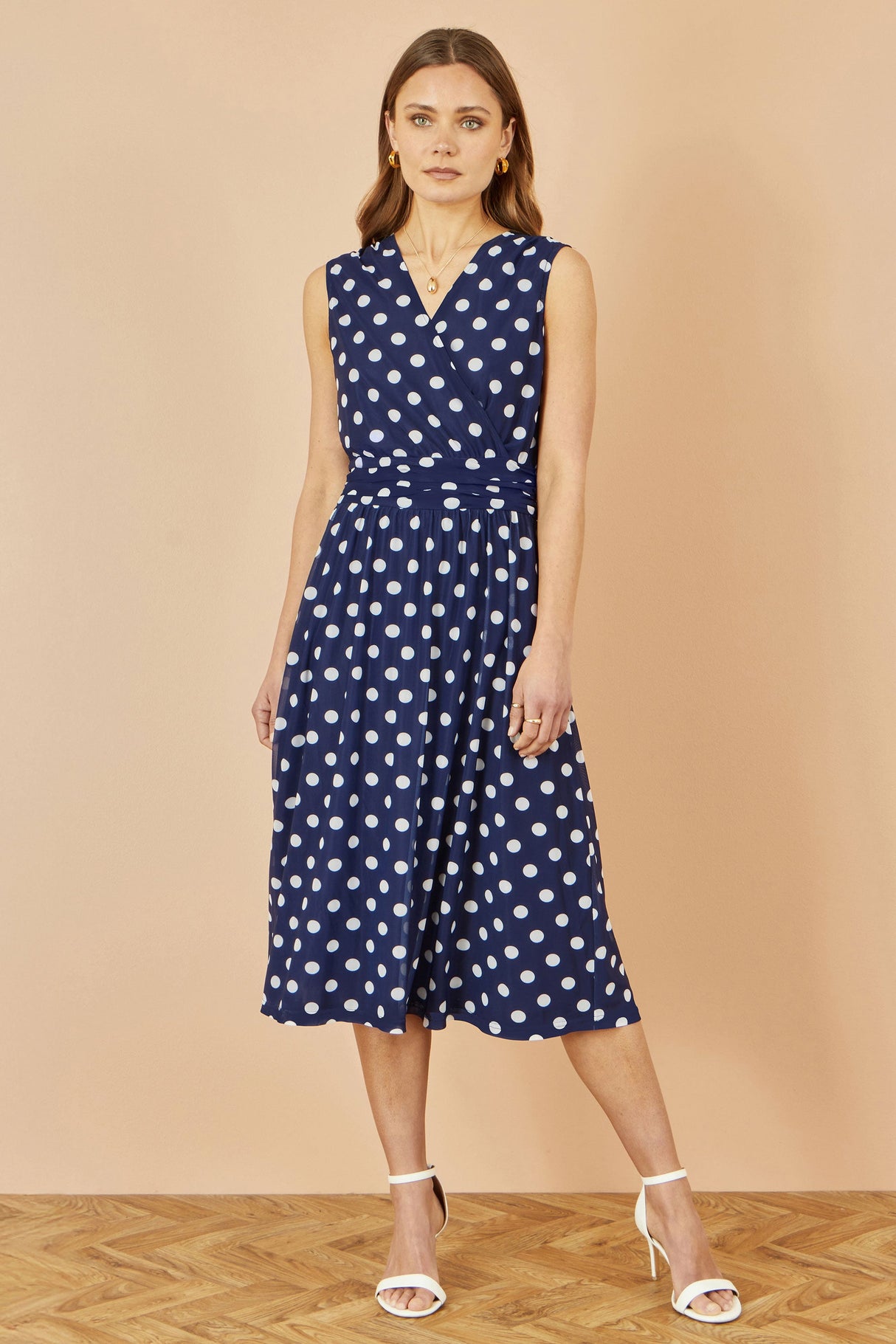 Yumi Navy Polka Dot Mesh Wrap Skater Dress With Pockets