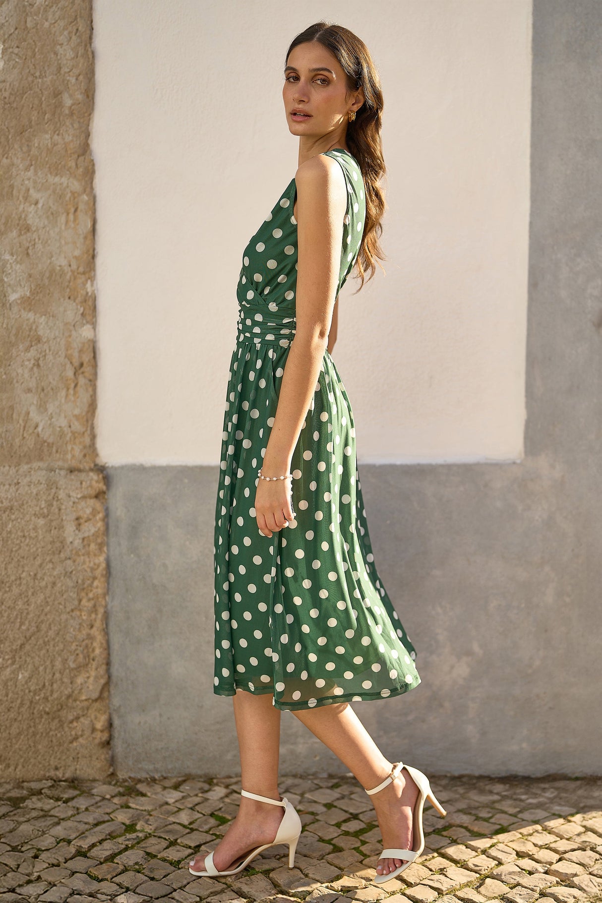 Yumi Green Polka Dot Mesh Wrap Skater Dress With Pockets