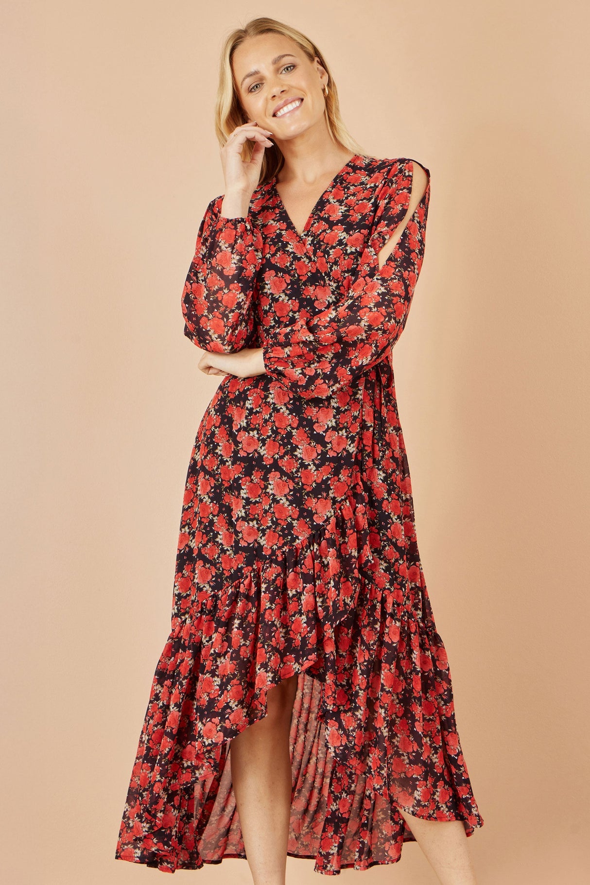 Yumi Red Rose Print Dipped Hemline Midi Dress With Open Long Sleeves