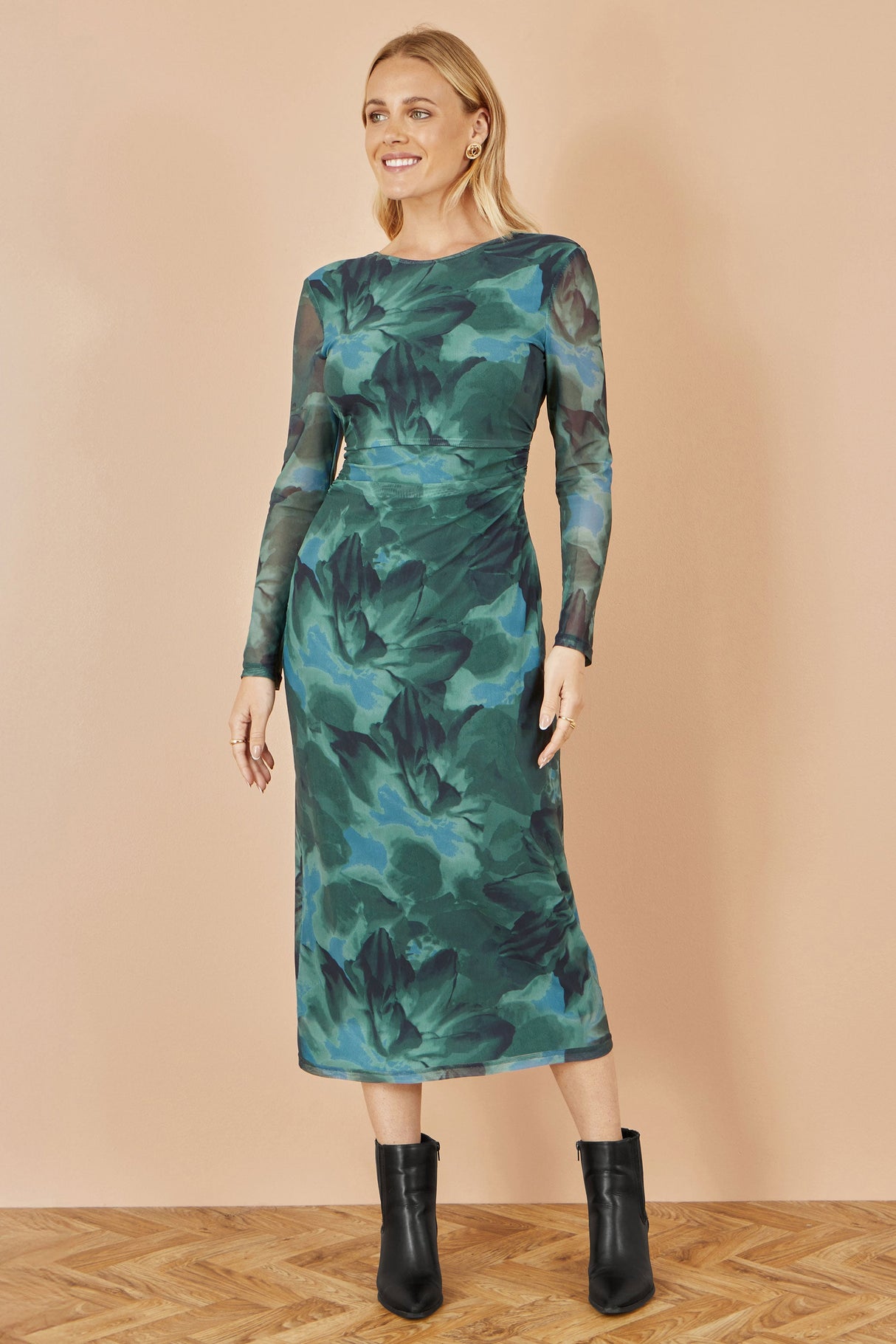Yumi Green Floral Mesh Bodycon Dress With Tie Back