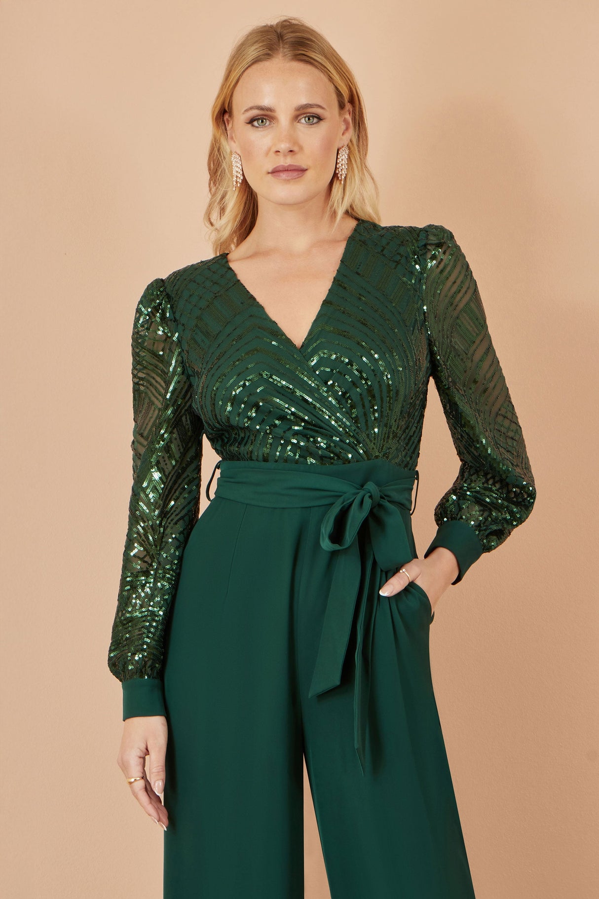 Yumi Green Sequin Wrap Over Jumpsuit