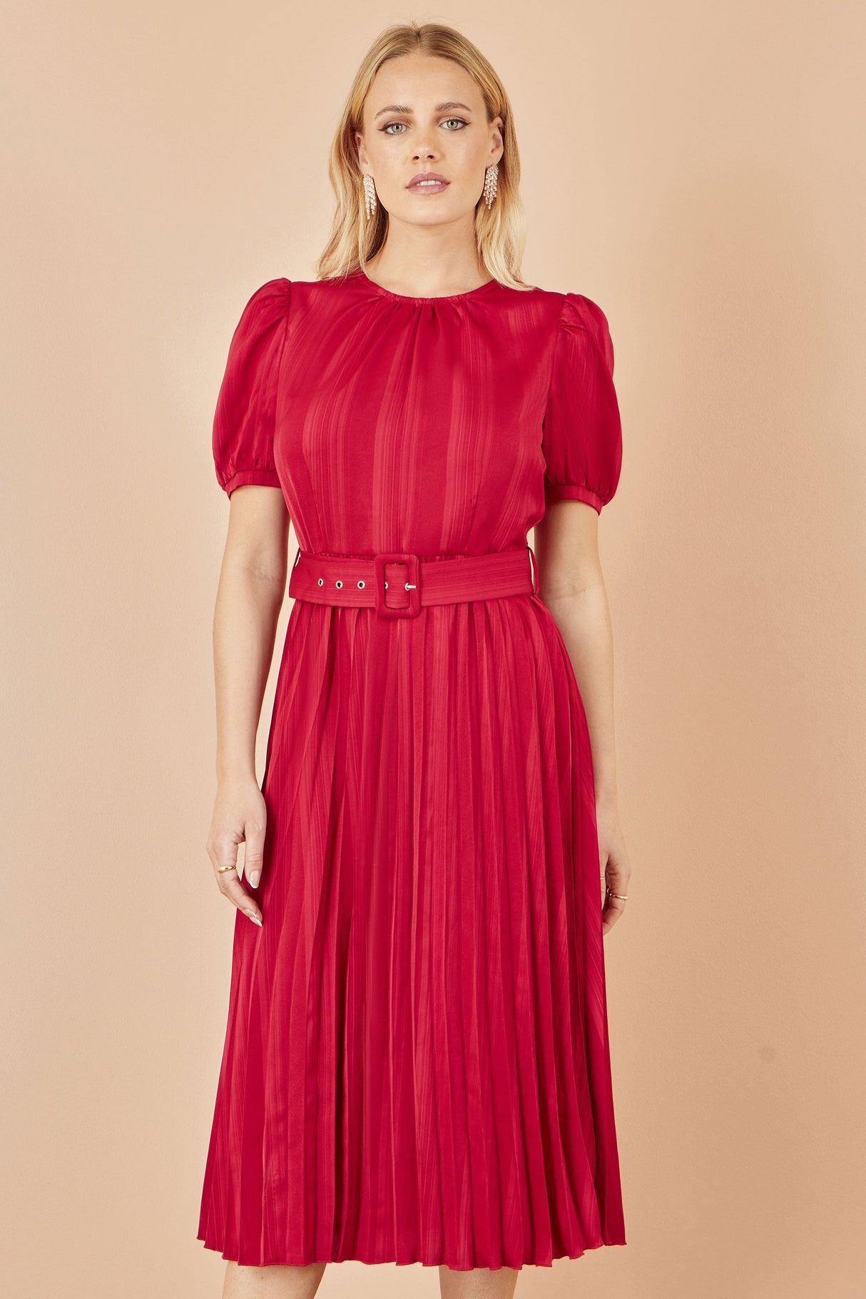Yumi Red Satin Striped Midi Dress With Pleats and Matching Belt
