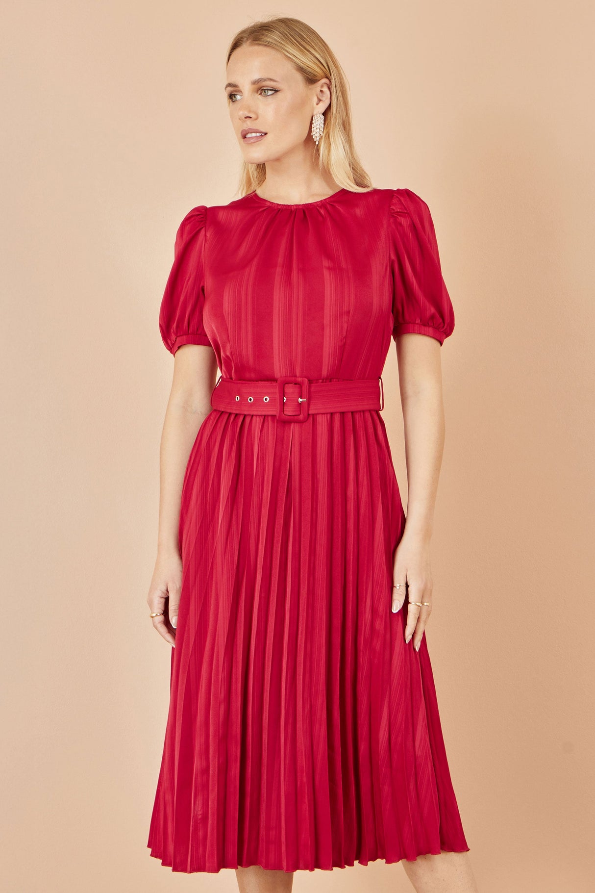 Yumi Red Satin Striped Midi Dress With Pleats and Matching Belt