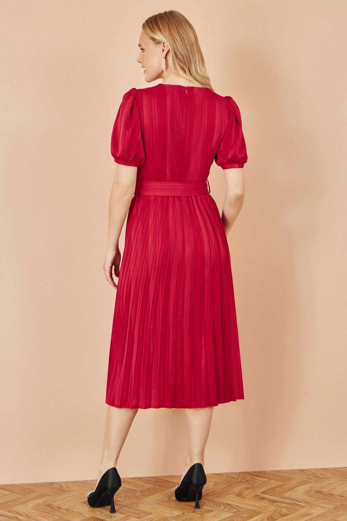 Yumi Red Satin Striped Midi Dress With Pleats and Matching Belt