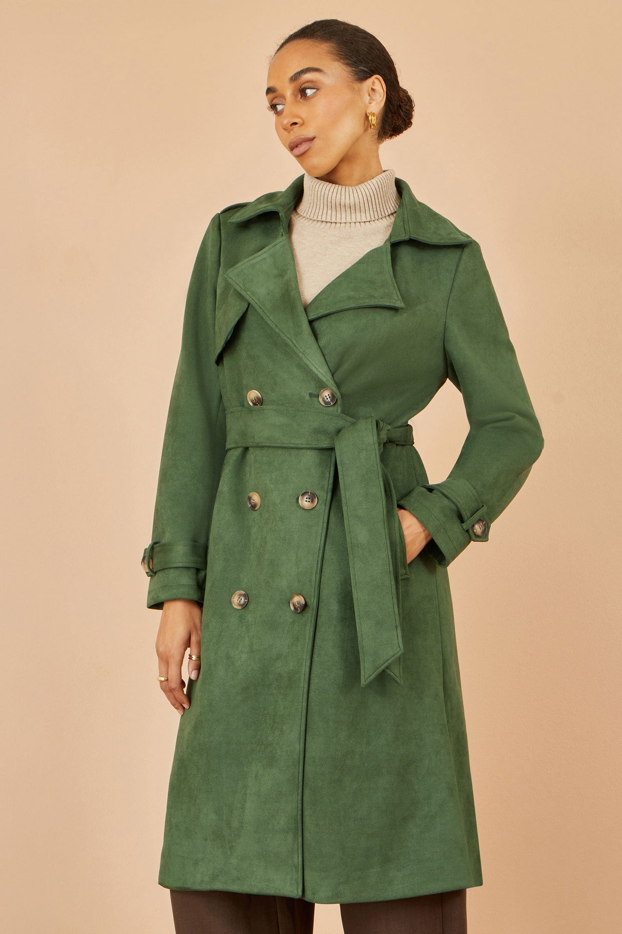 Yumi Green Faux Suede Trench Coat