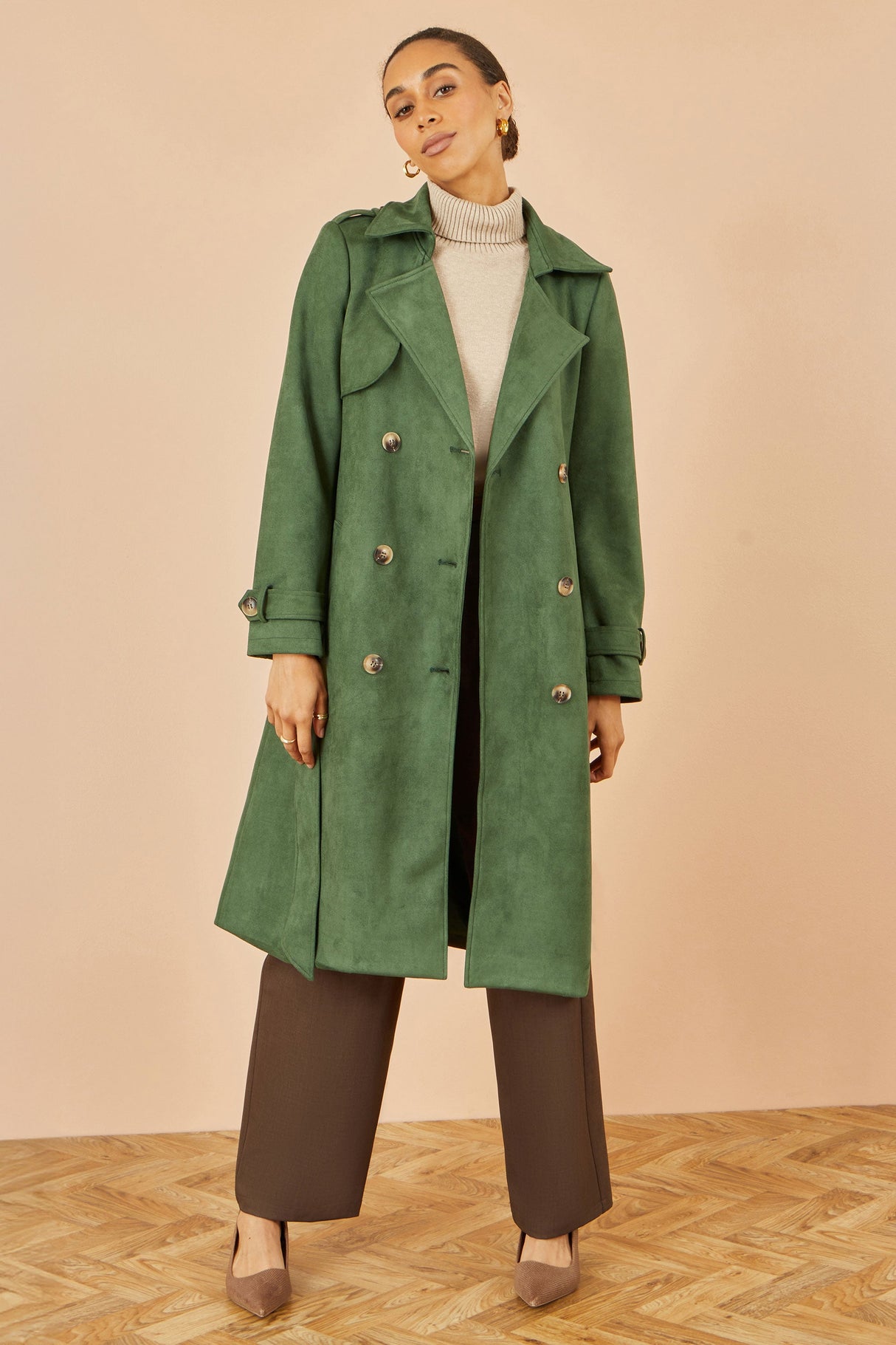 Yumi Green Faux Suede Trench Coat