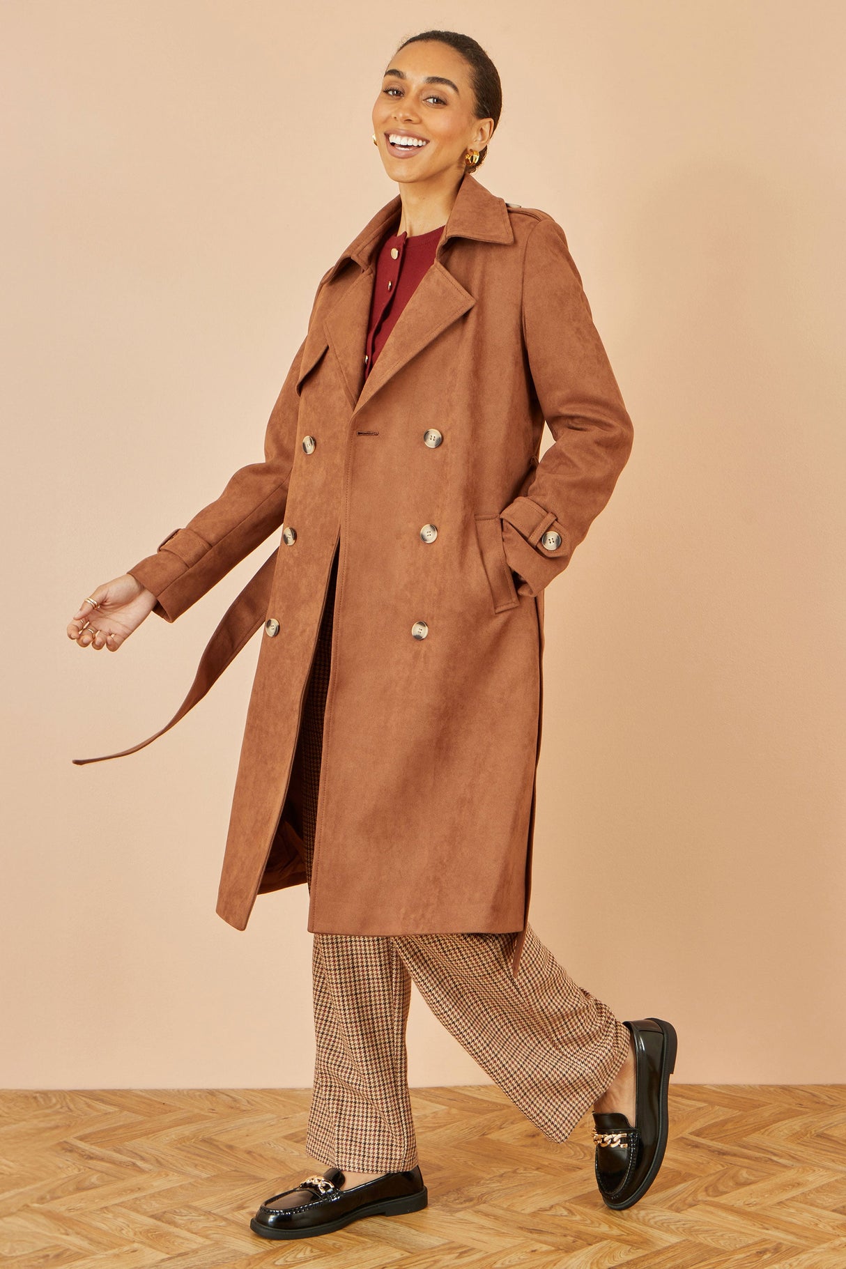 Yumi Brown Faux Suede Trench Coat
