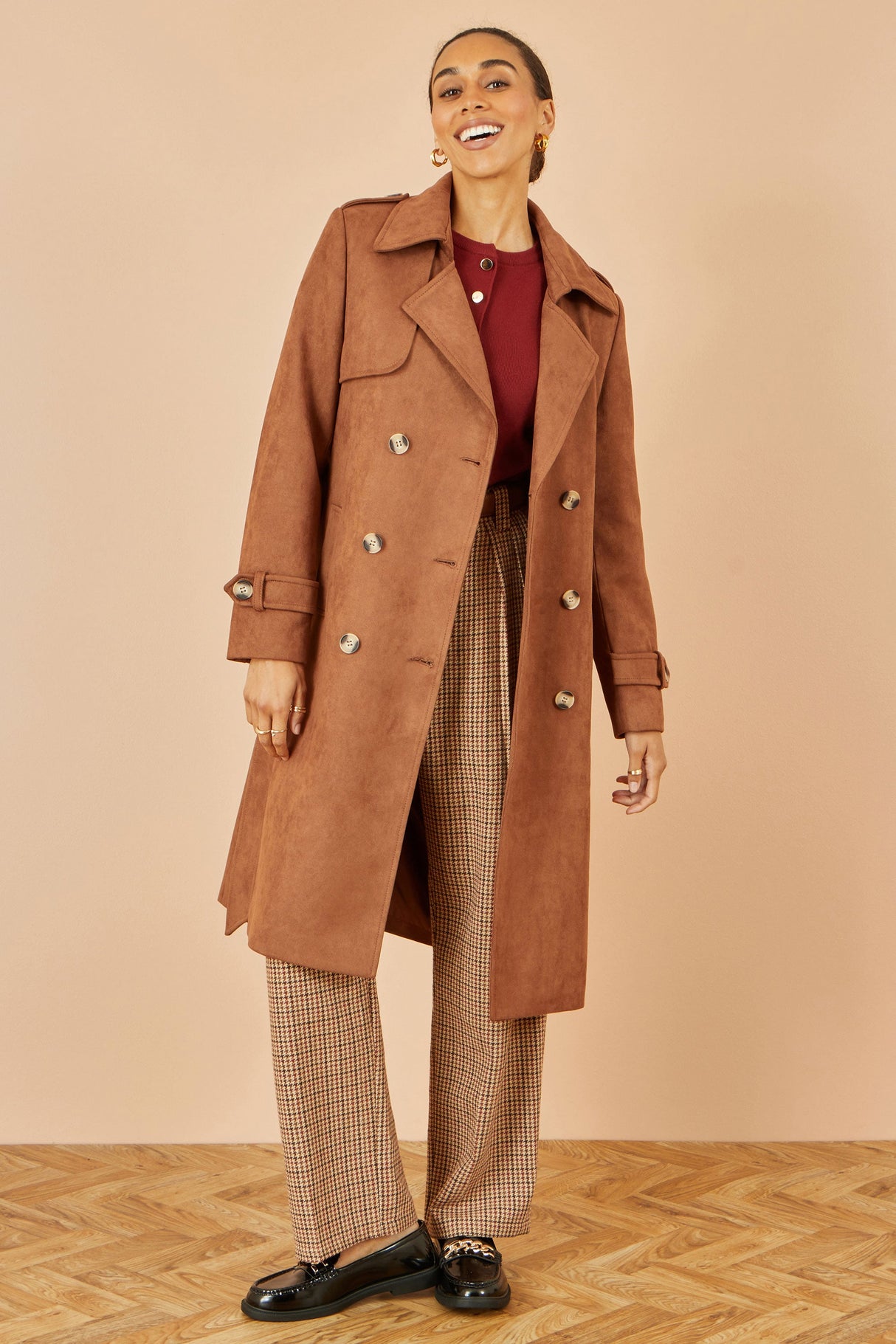 Yumi Brown Faux Suede Trench Coat