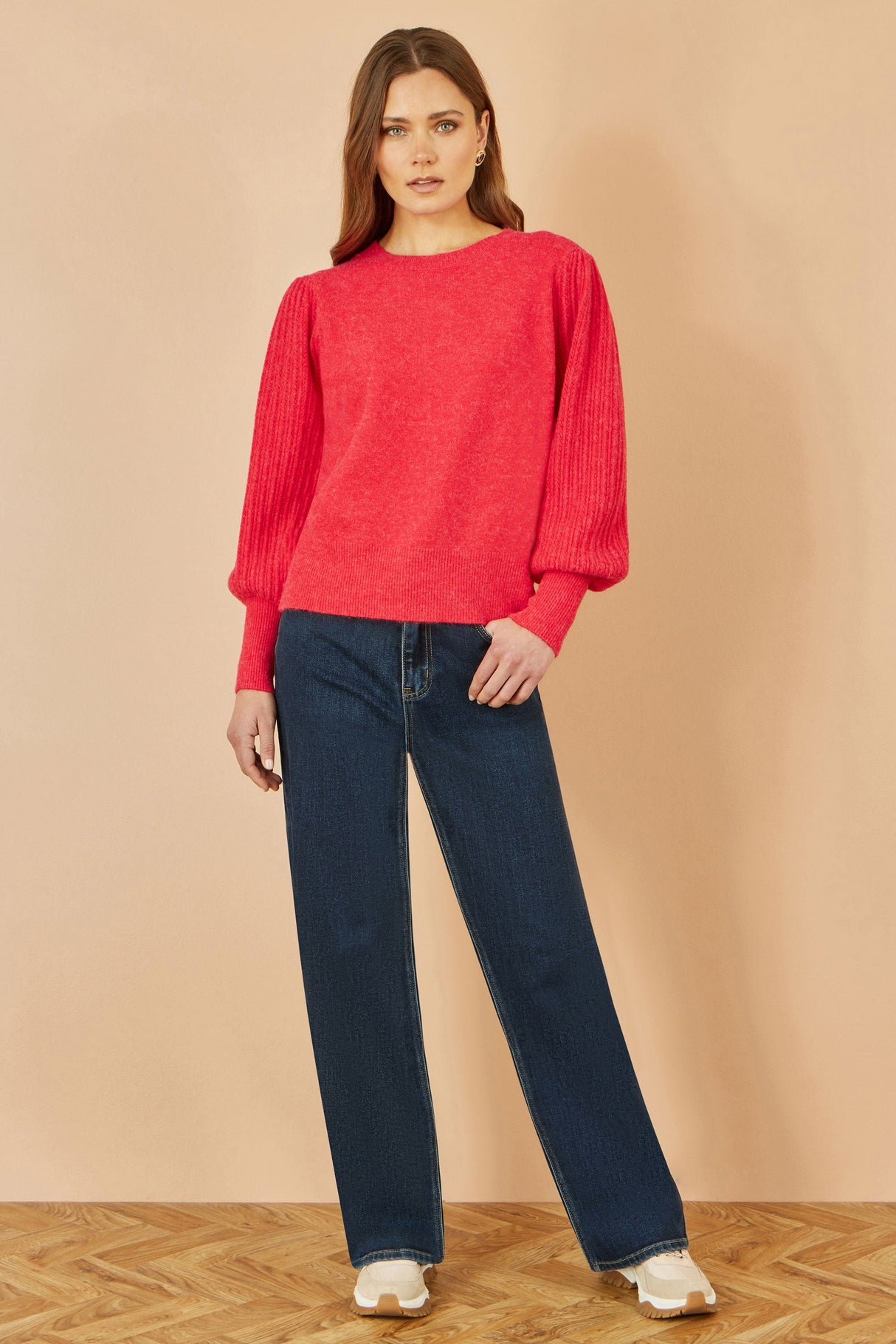 Yumi Red Knitted Balloon Sleeve Textured Jumper