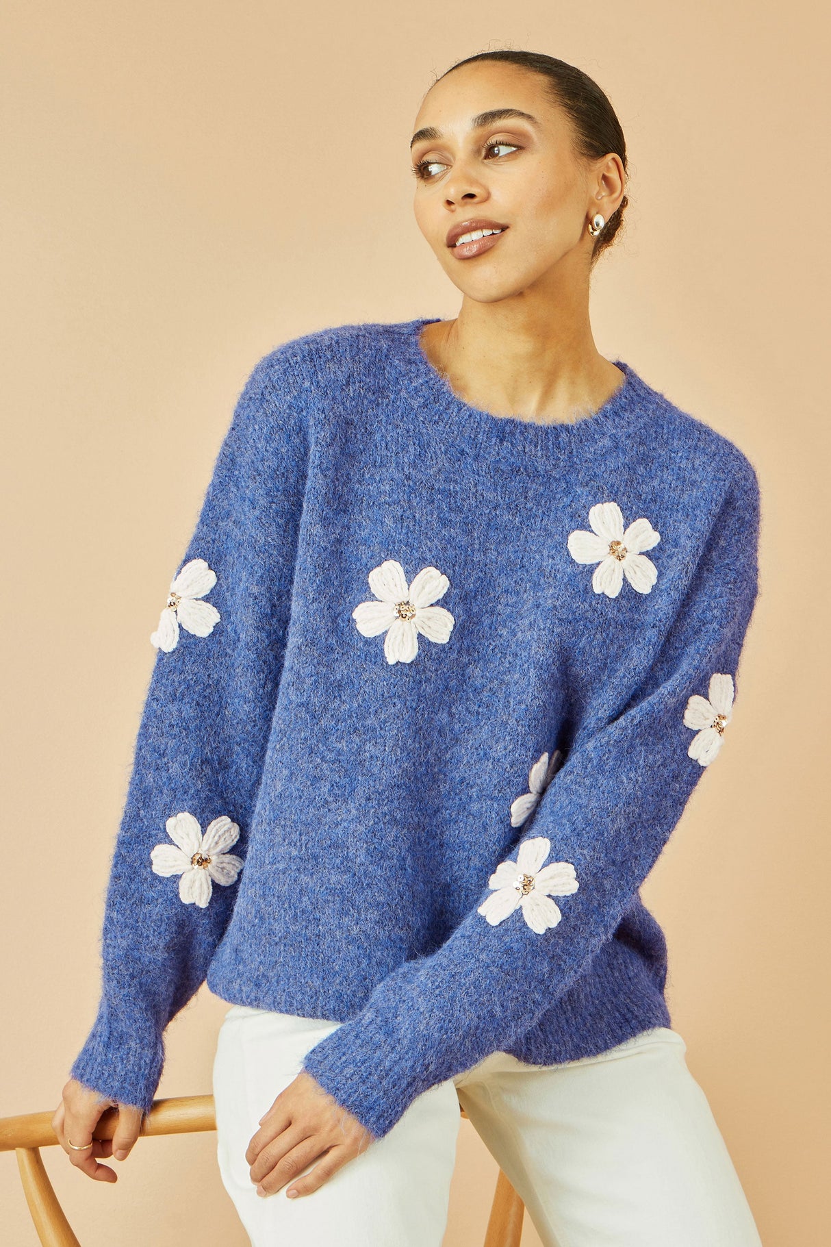 Yumi Blue Relaxed Jumper With Crochet Flowers
