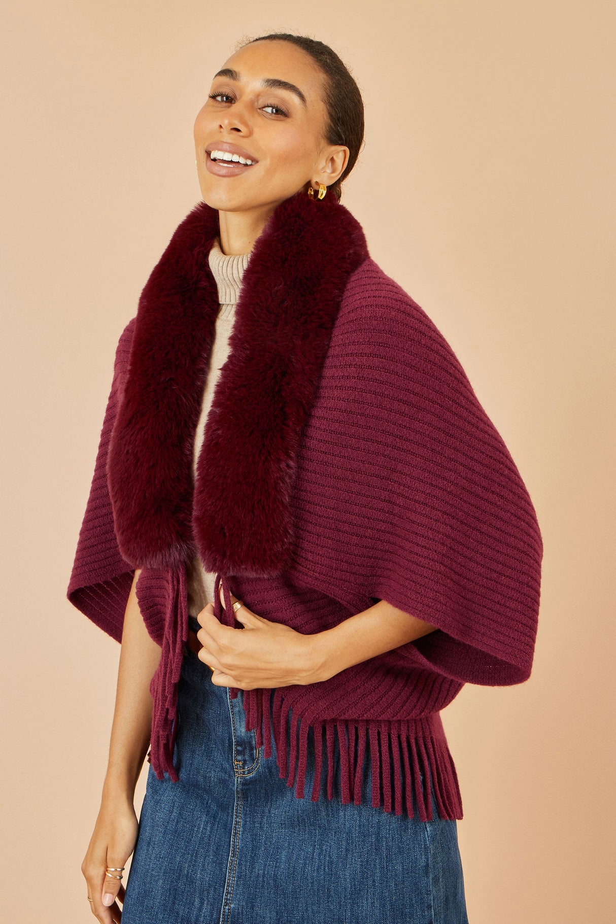 Yumi Burgundy Fur Collar Shrug With Tassel Hem
