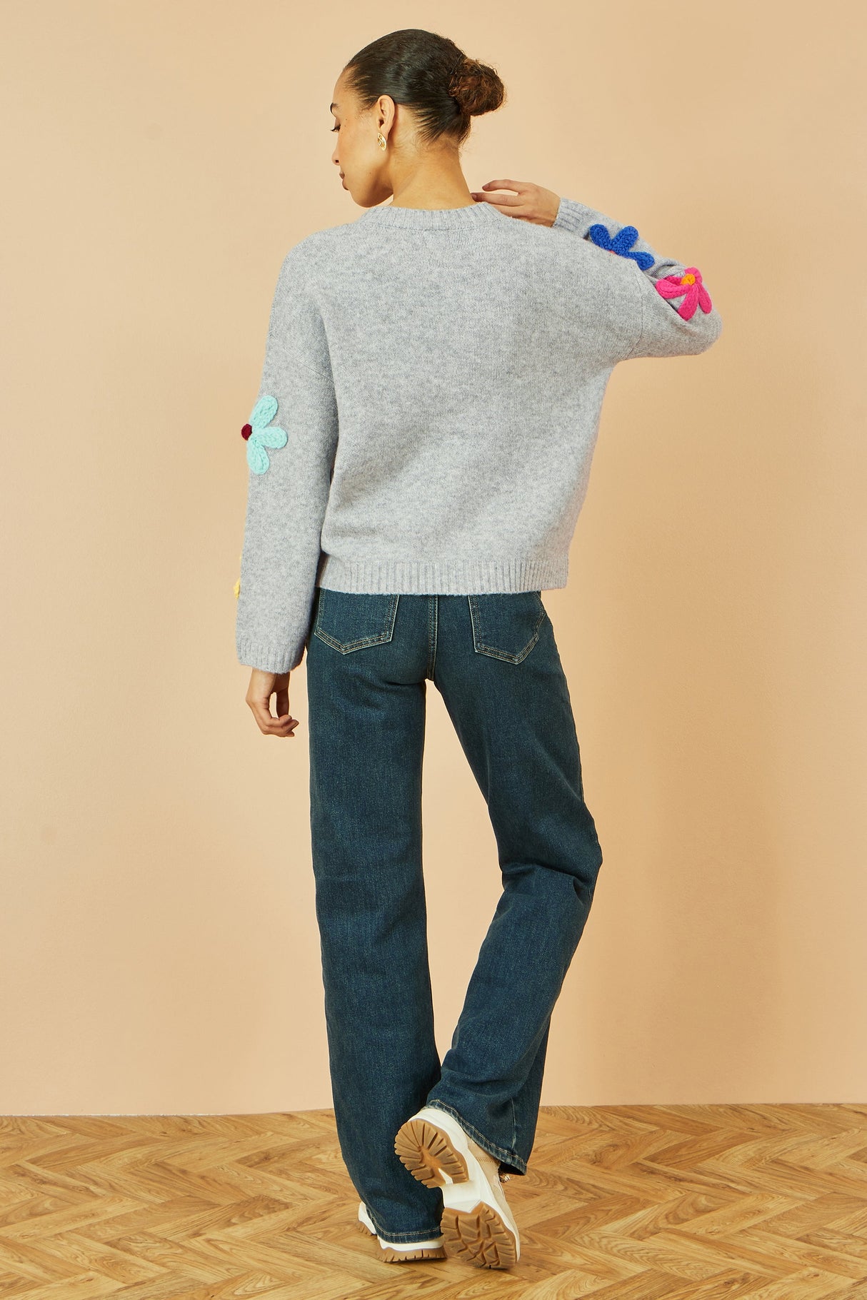 Yumi Grey Knitted Flower Applique Cardigan