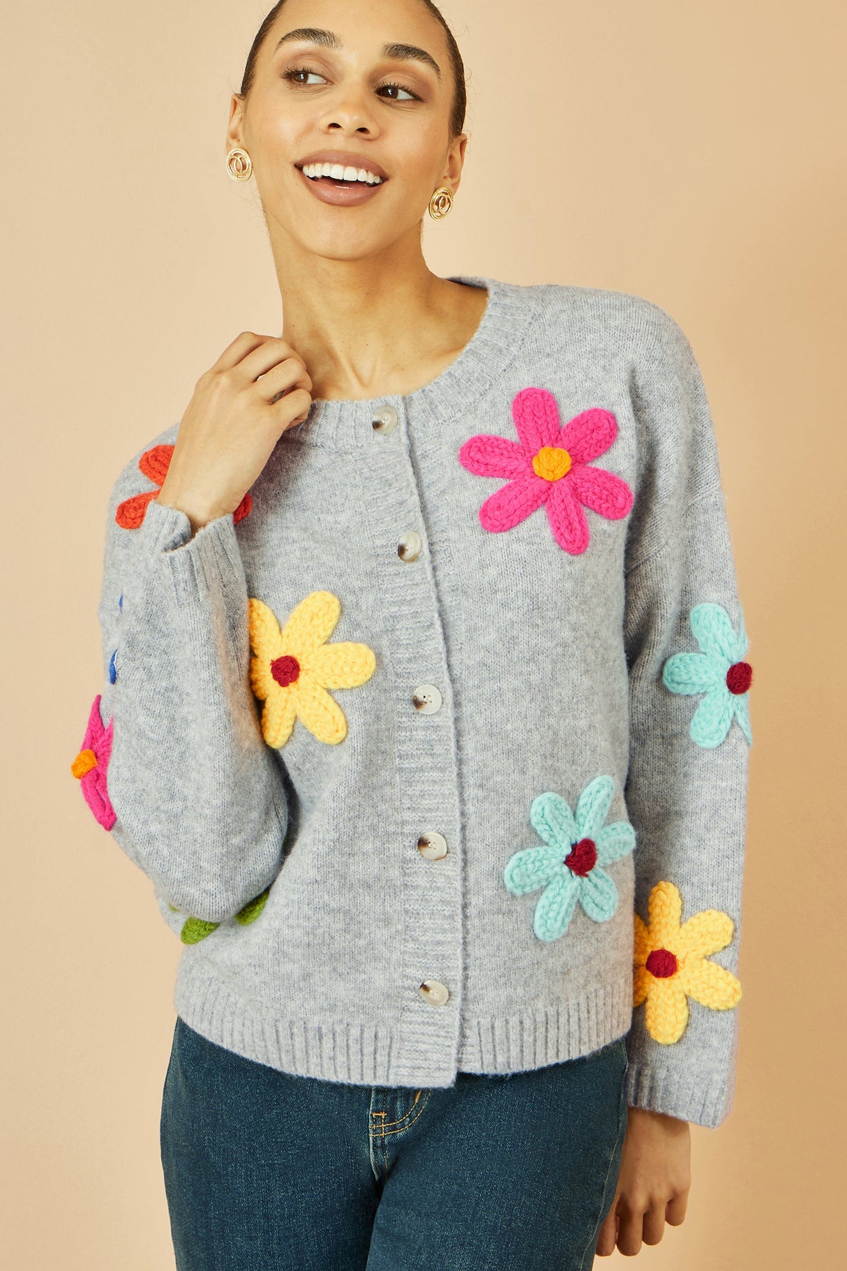 Yumi Grey Knitted Flower Applique Cardigan