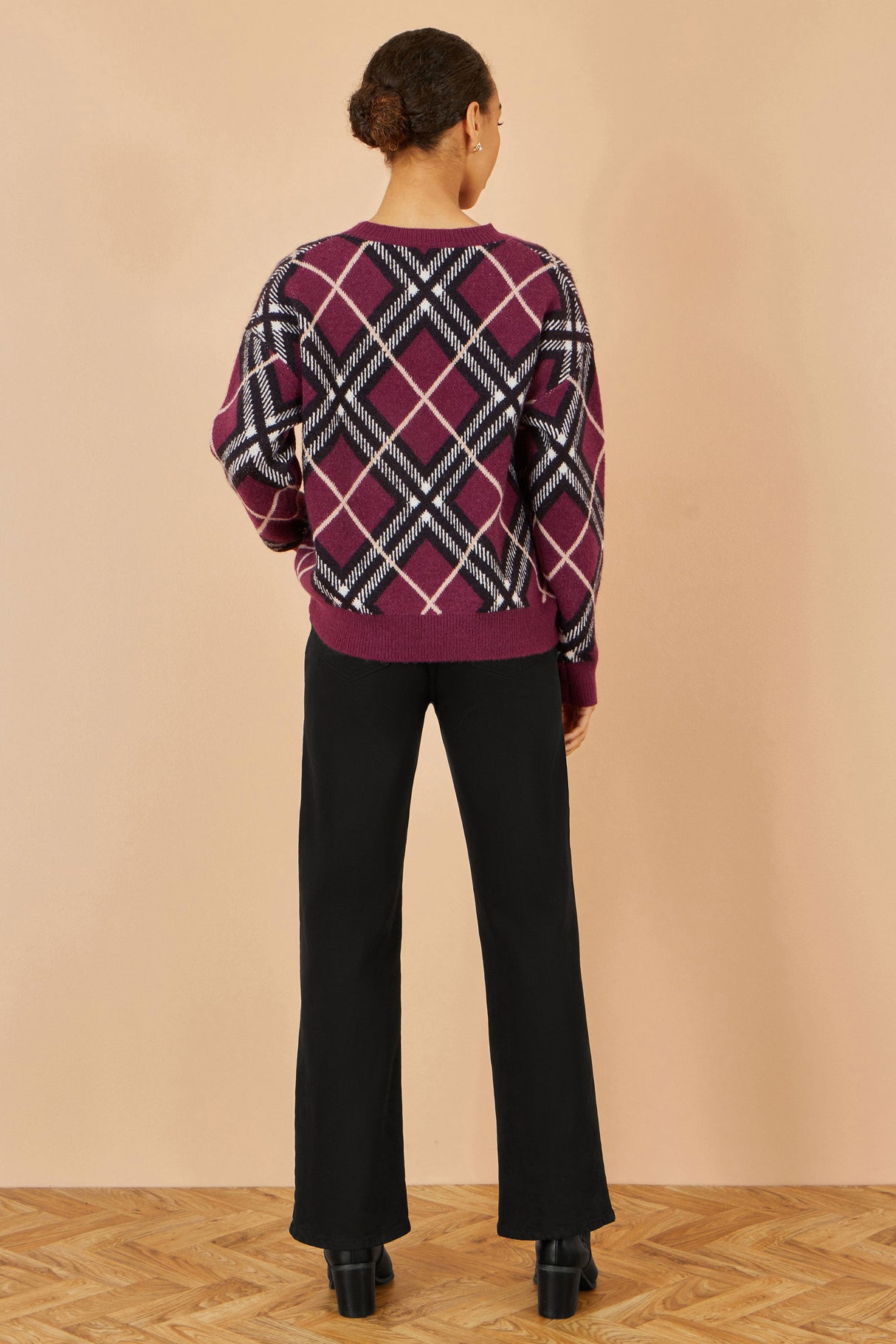 Yumi Burgundy Argyle Check Relaxed Jumper