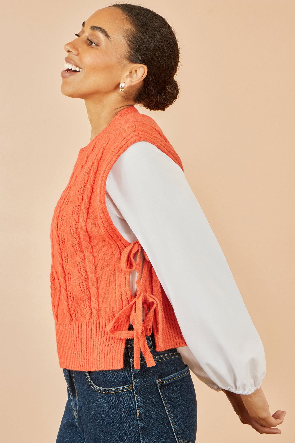 Yumi Orange Flower Cable Knit Tie Side Pullover