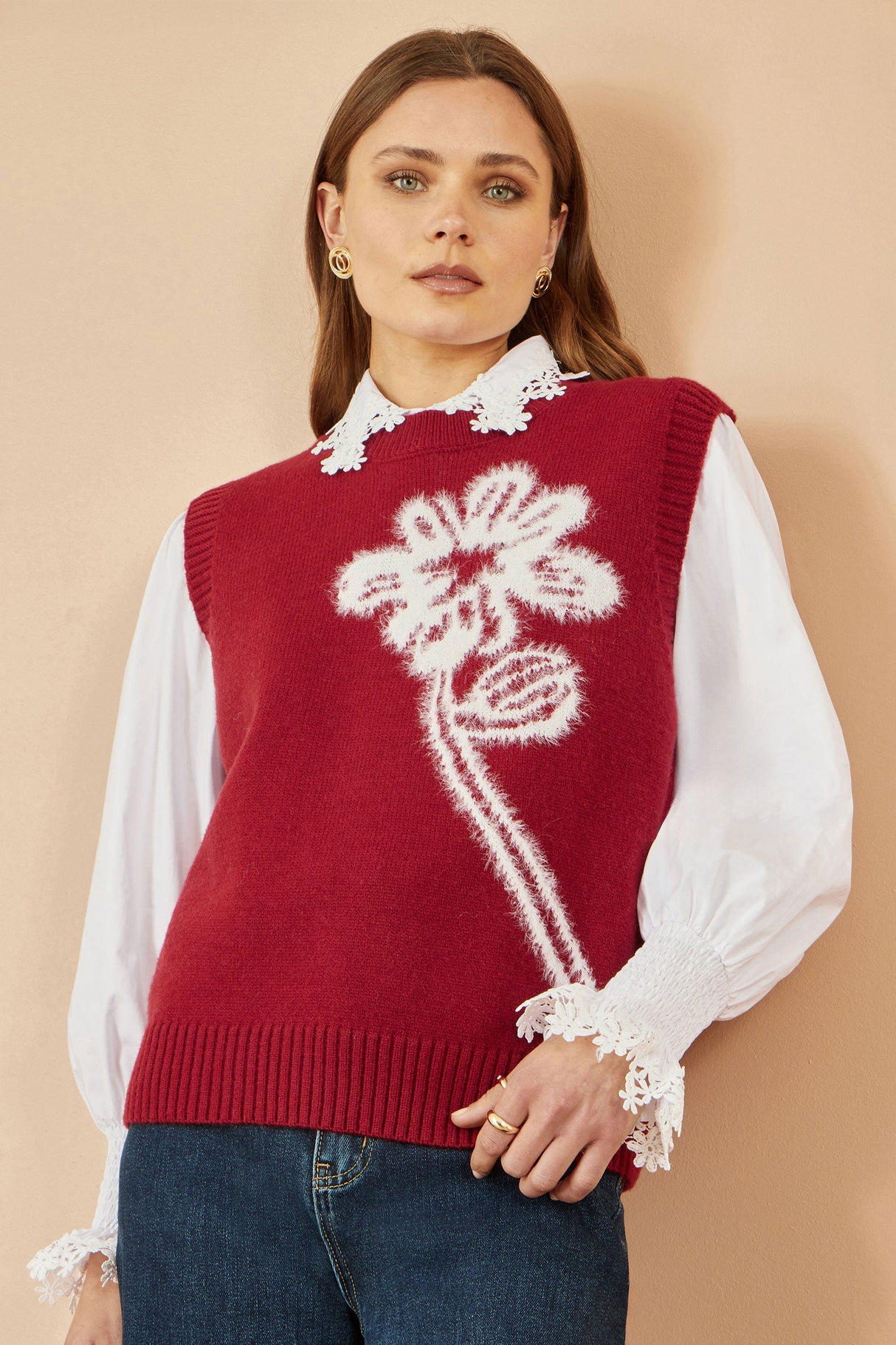Yumi Burgundy Knitted Flower Sleeveless Jumper Vest
