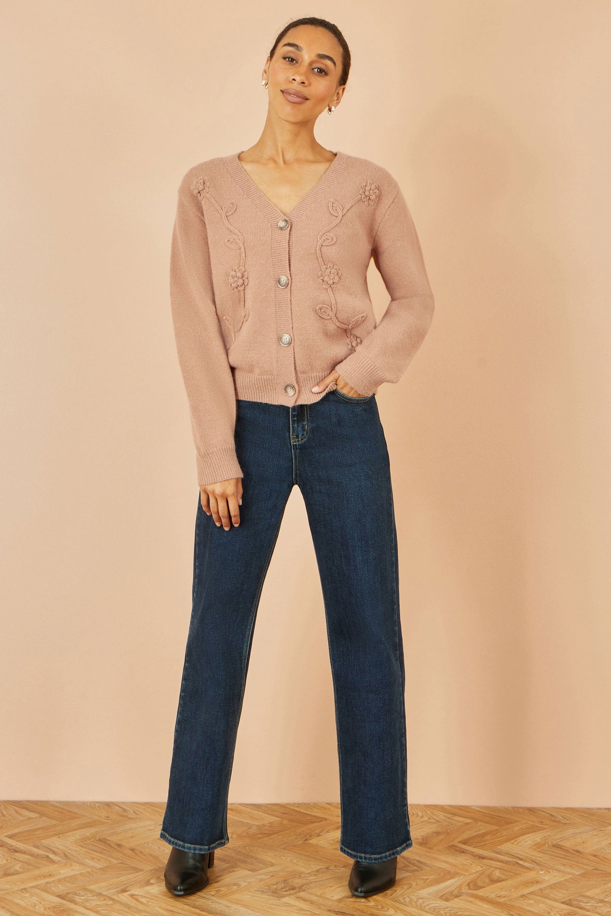 Yumi Brown Floral Embroidered Relaxed Fit Cardigan