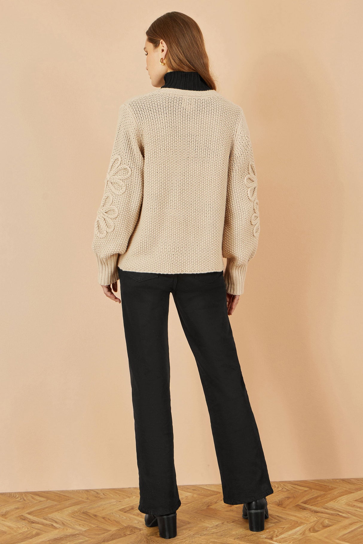 Yumi Beige Edge to Edge Cardigan With Flower Detail Sleeves