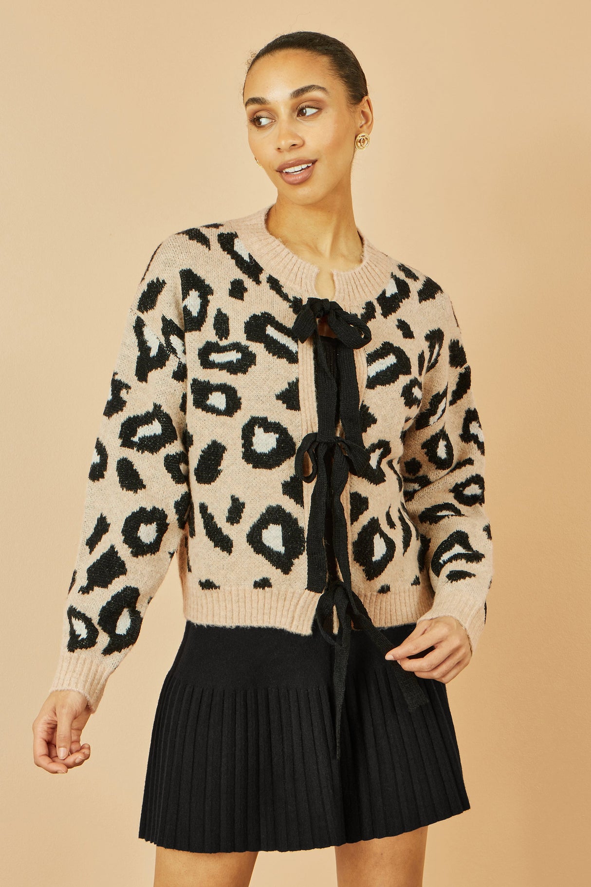 Yumi Beige Animal Print Intarsia Tie Front Cardigan
