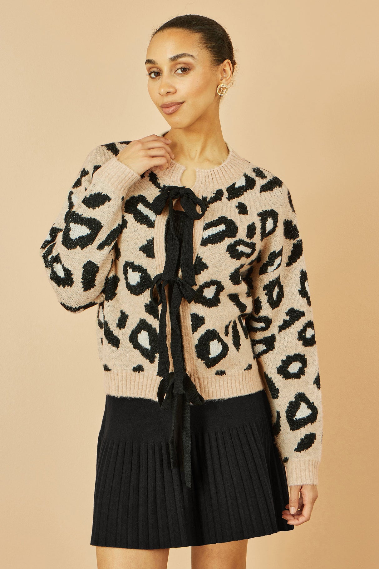 Yumi Beige Animal Print Intarsia Tie Front Cardigan