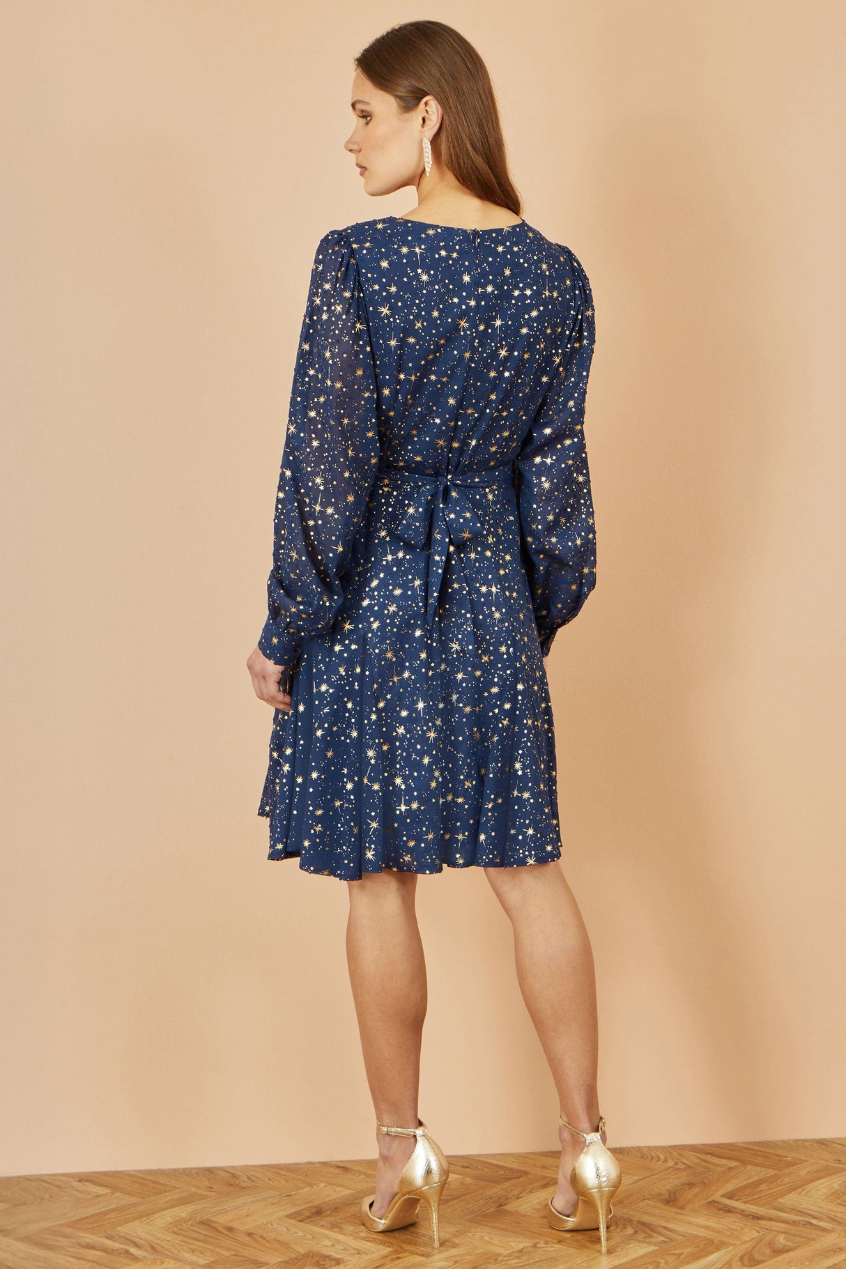 Yumi Navy Star Print Foil Long Sleeve Dress