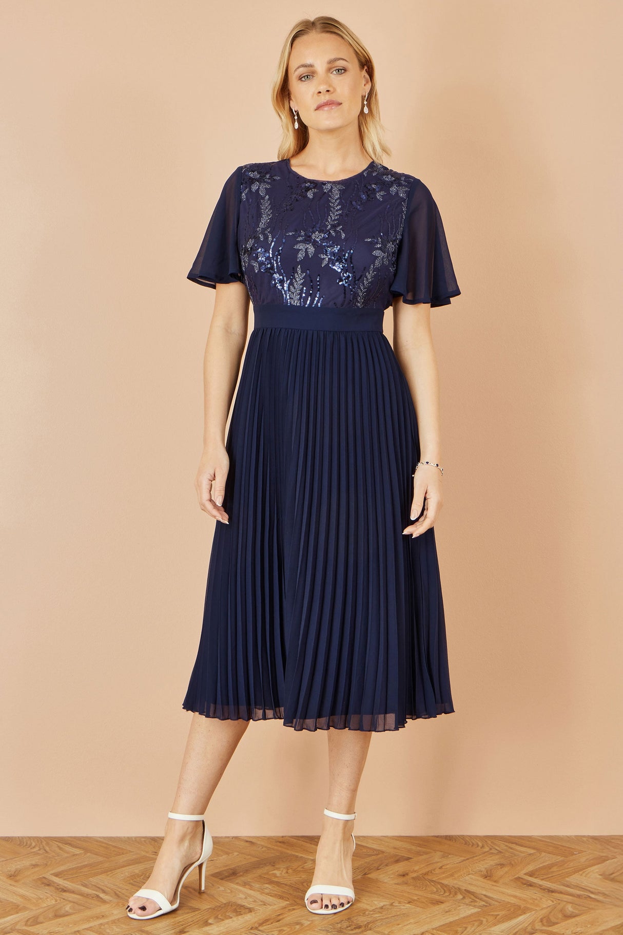 Yumi Navy Sequin Embellished Panel Pleated Midi Dress