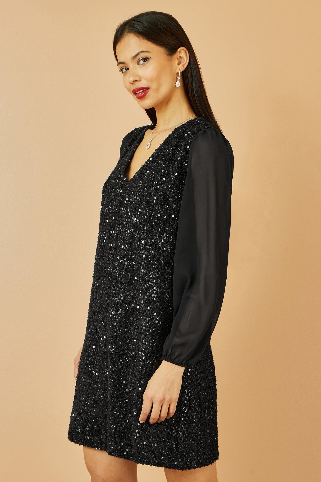 Yumi Black Sequin Tunic With Tie Back And Sheer Sleeves
