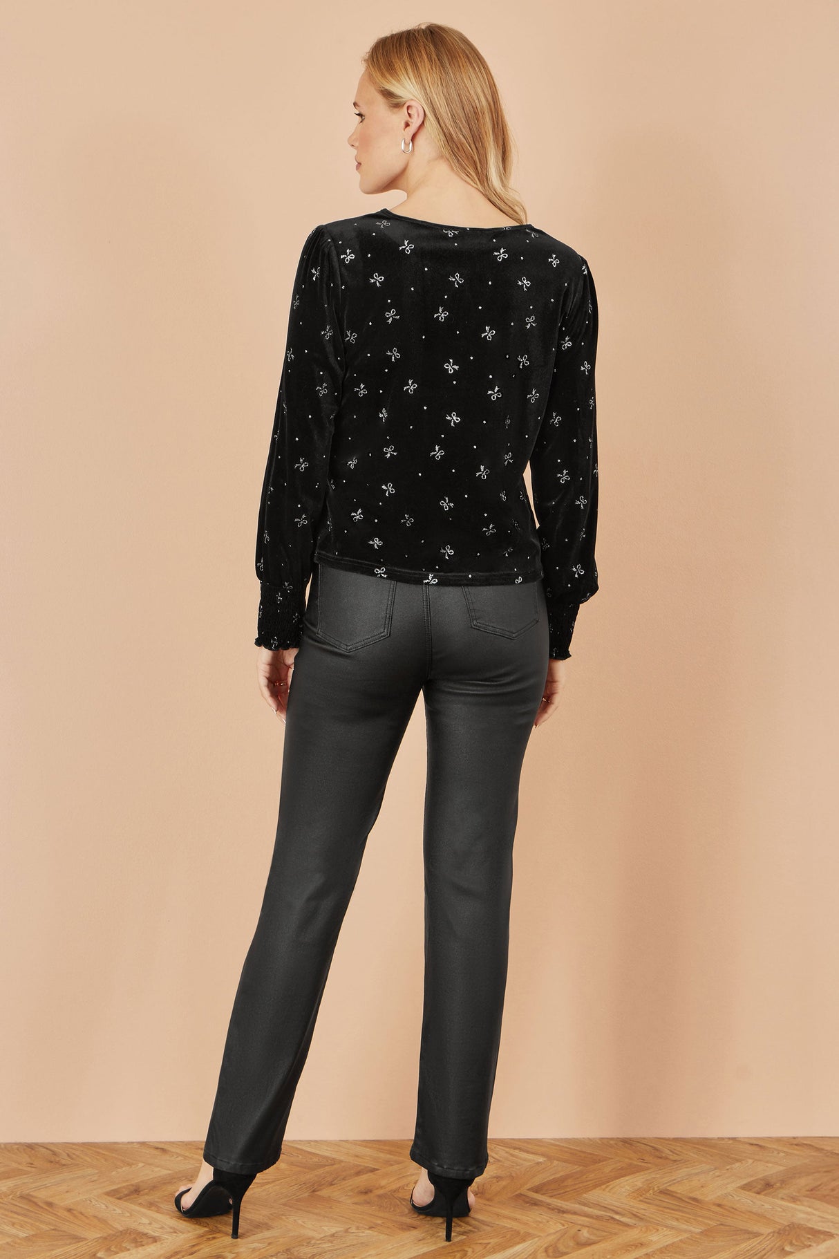 Yumi Black Sparkle Bow Print Velvet Top