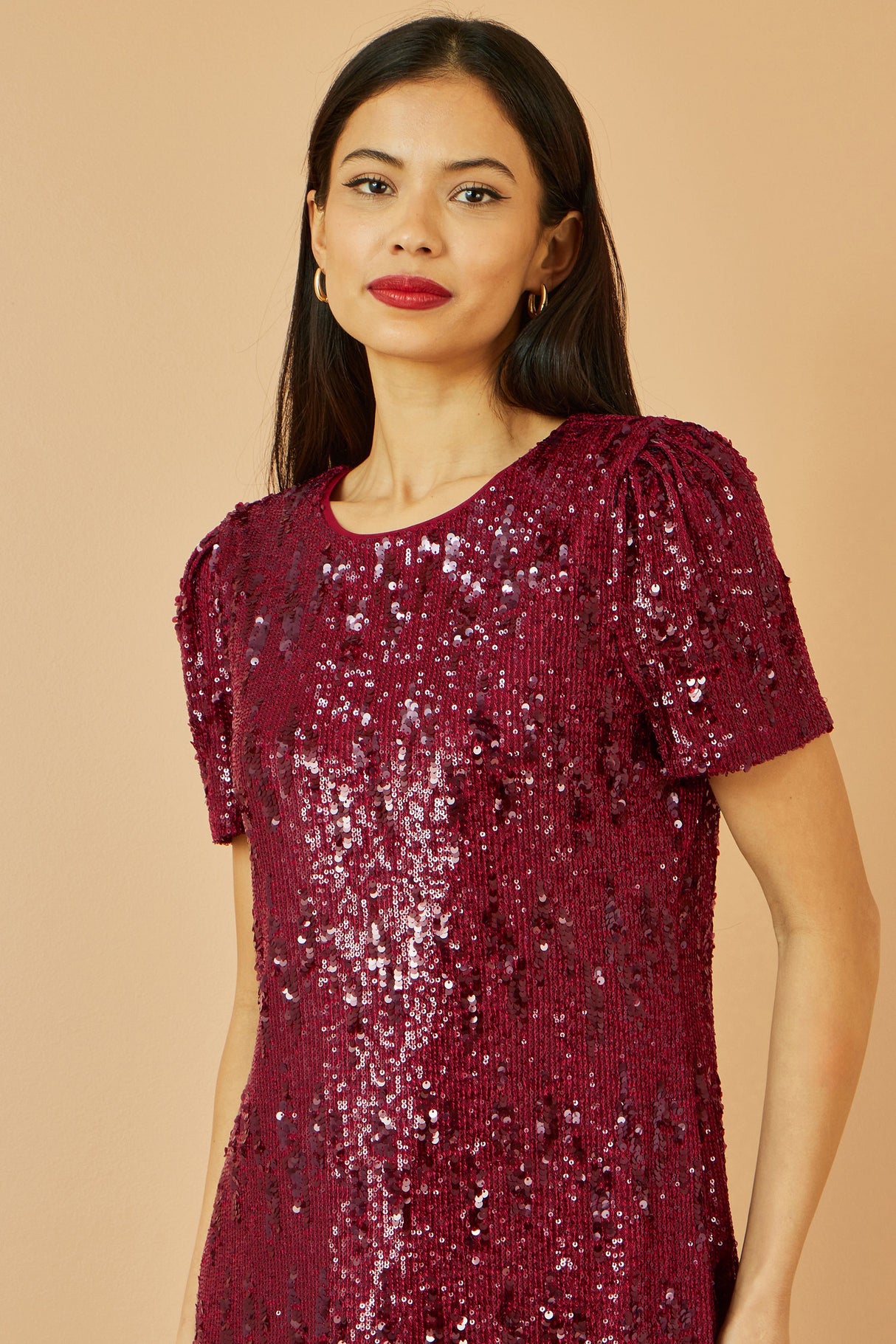 Yumi Burgundy Sequin Stretch Tunic Dress